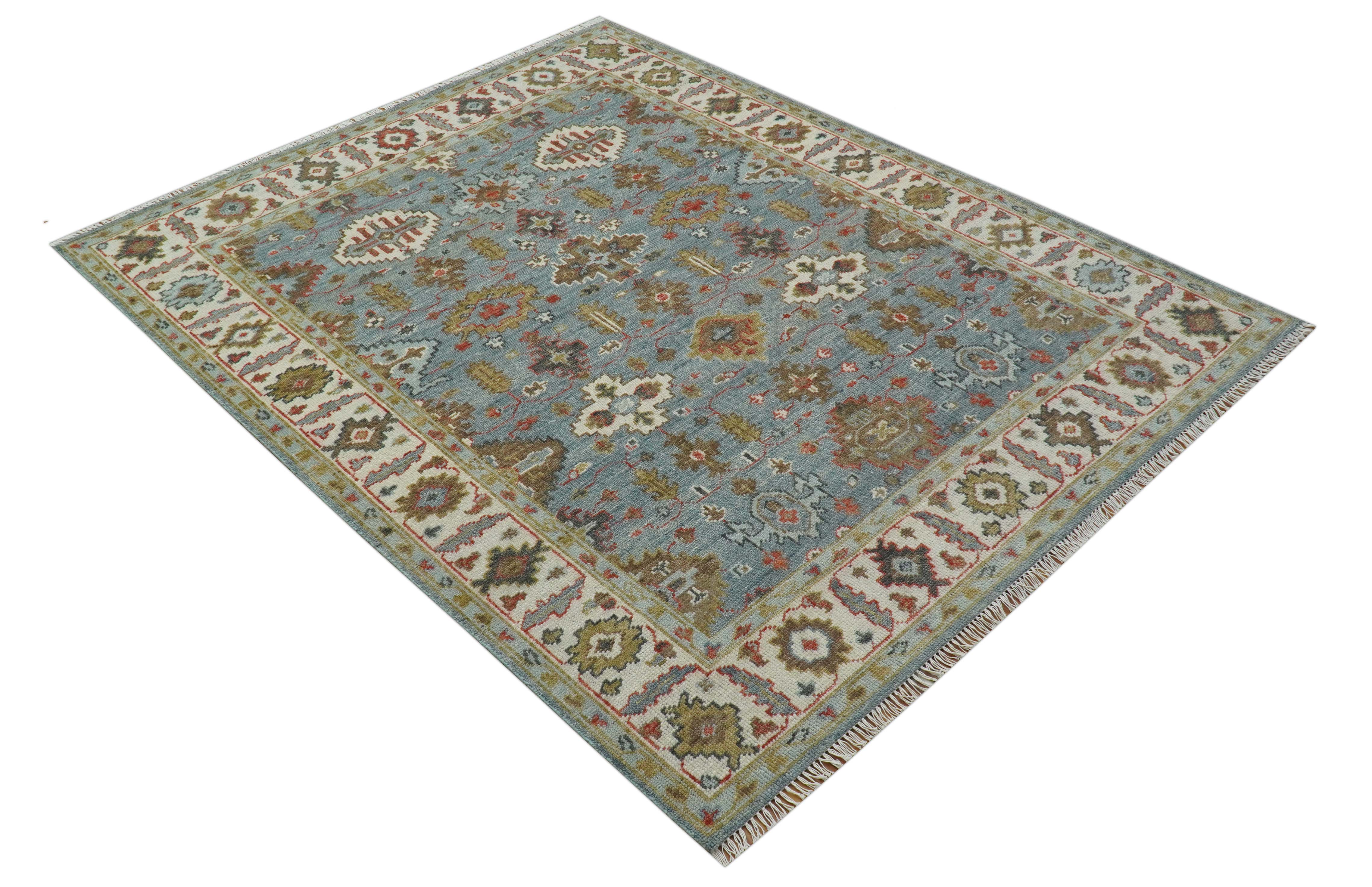 Custom Made Blue And Beige Traditional Hand Knotted Wool Area Rug