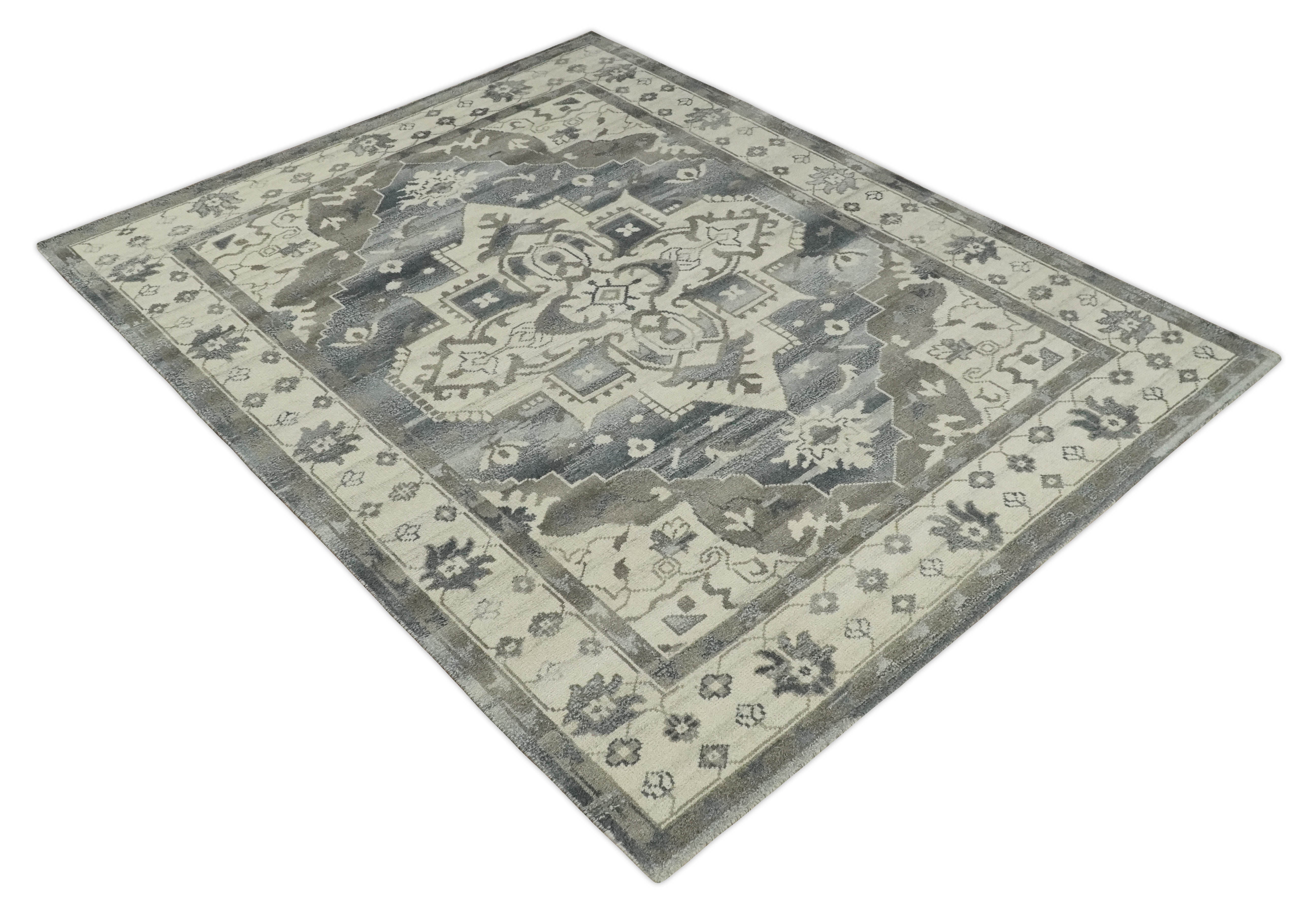 Custom Made Hand Knotted Ivory, Charcoal and Gray Traditional Medallion Natural Wool Area Rug, Kids, Living Room and Bedroom Rug
