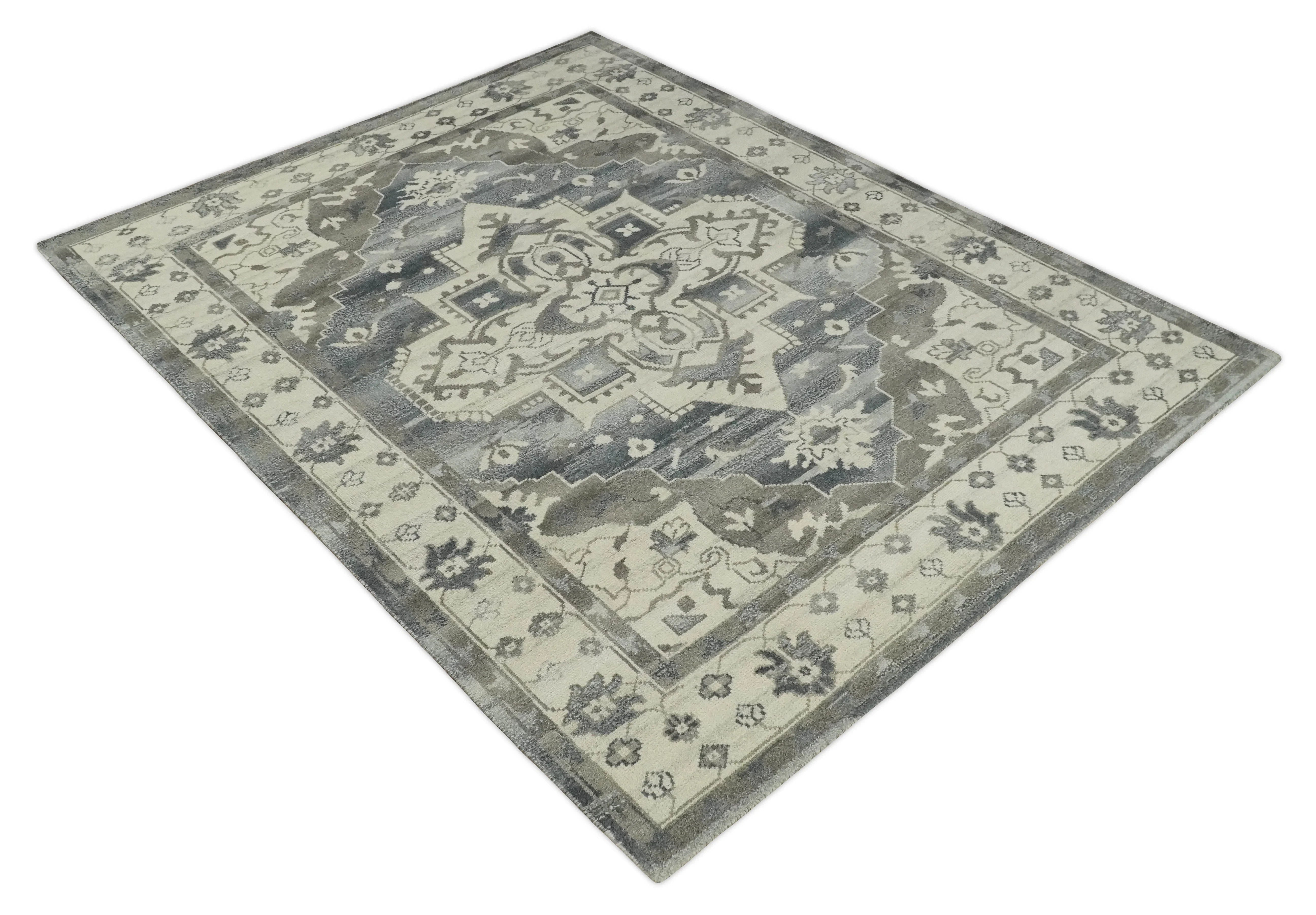 Custom Made Hand Knotted Ivory, Charcoal and Gray Traditional Medallion Natural Wool Area Rug, Kids, Living Room and Bedroom Rug