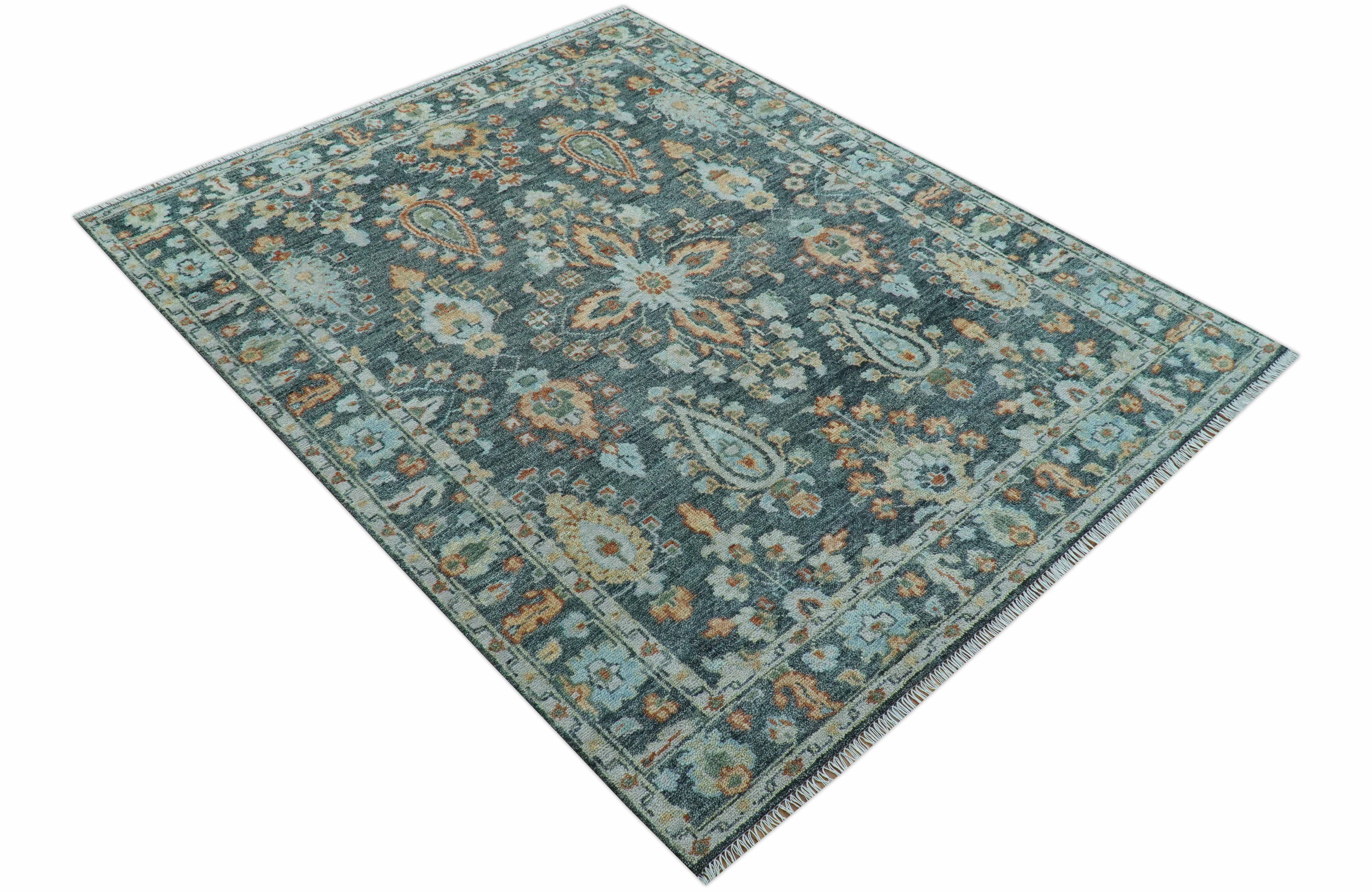 Custom Made Antique Hand Knotted Charcoal and Blue Traditional Oushak Design Wool Rug
