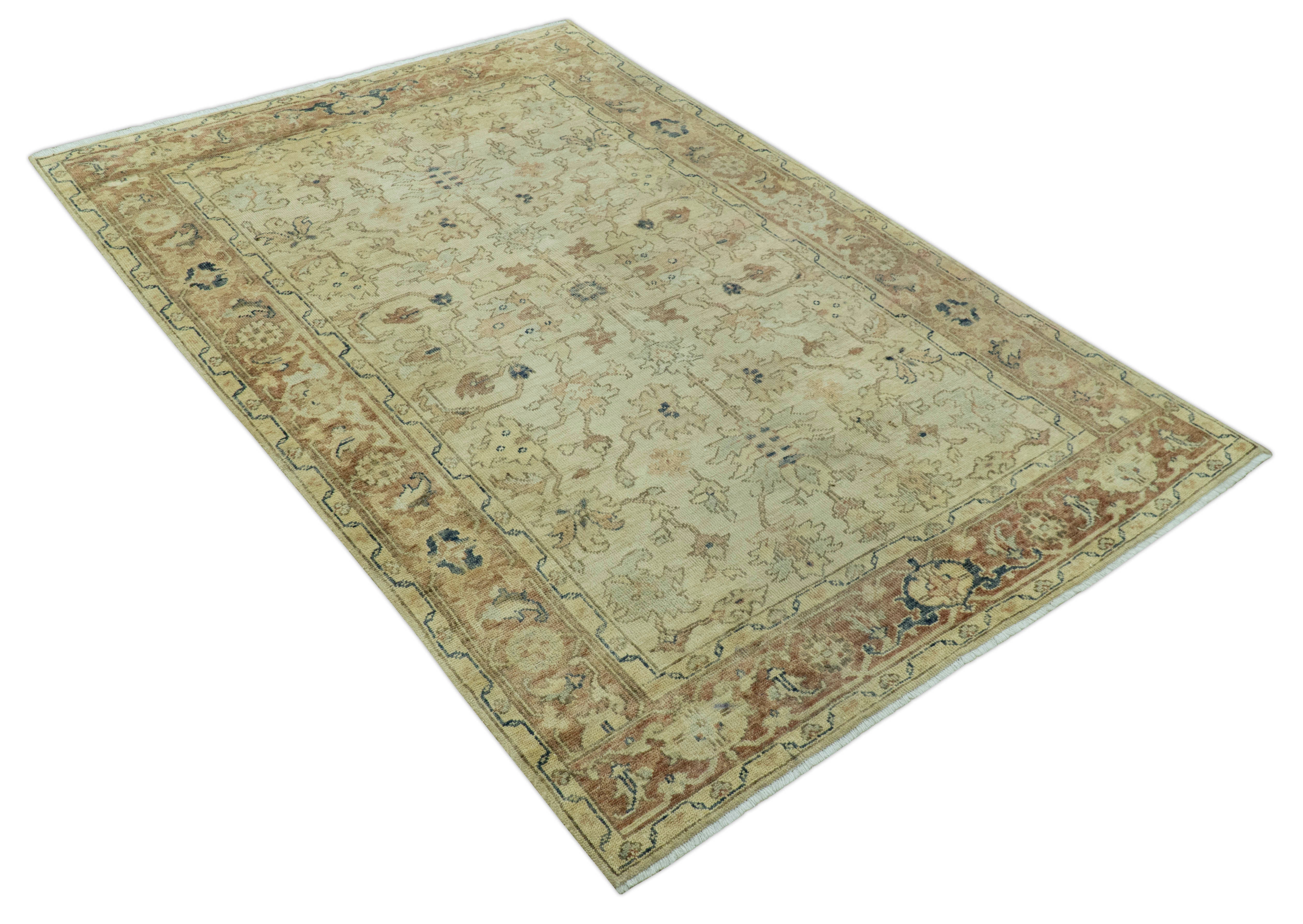 Heriz Traditional Design Beige And Blue 5.6x8 Hand Knotted Wool Area Rug