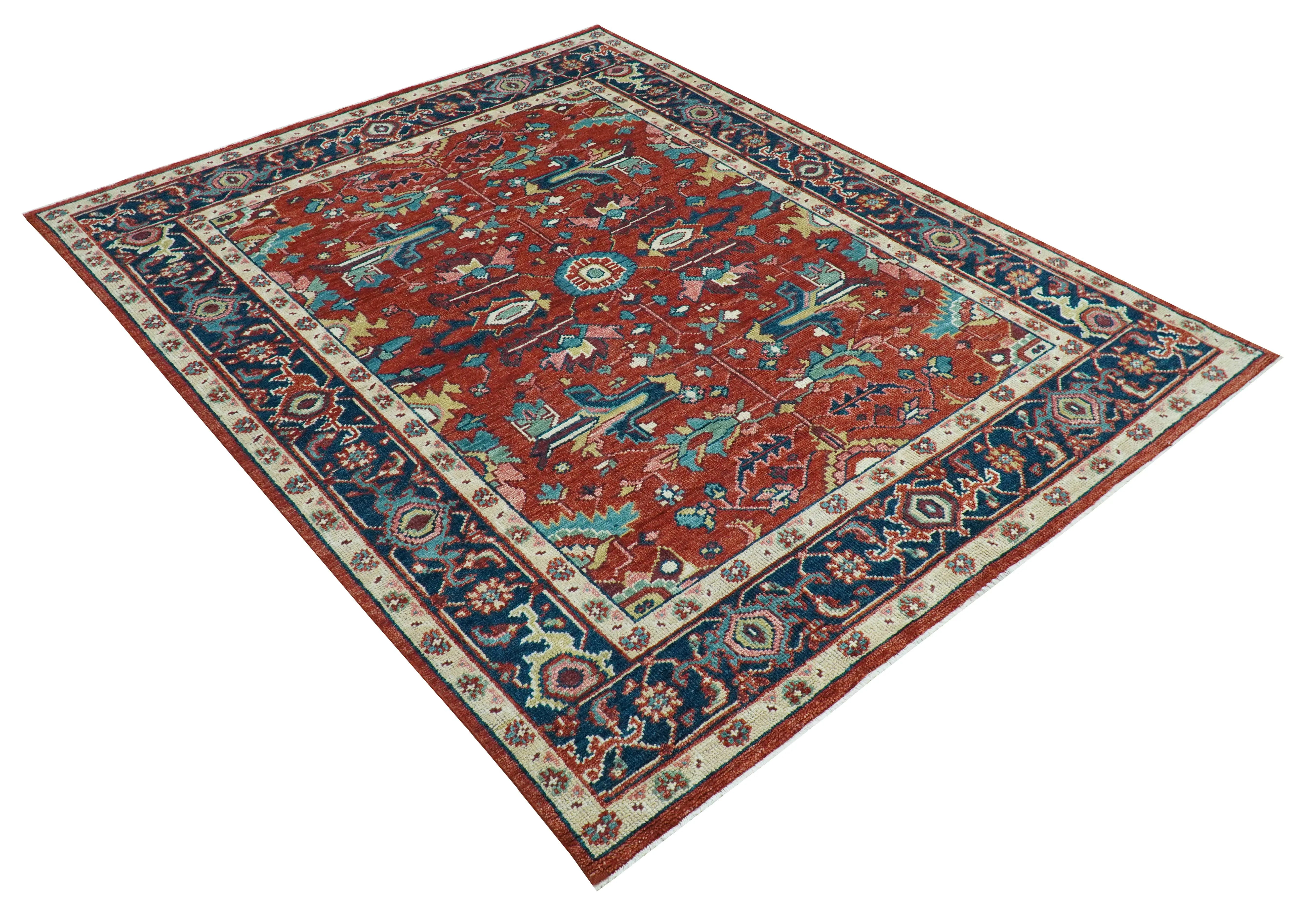 Custom Made Red And Blue Traditional Hand Knotted Wool Rug