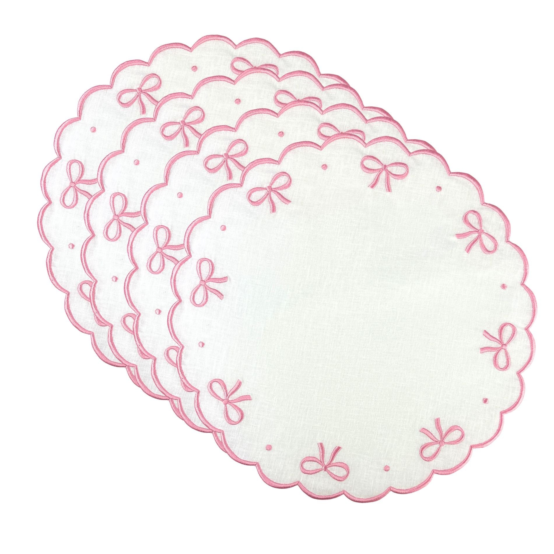 100% Linen - Studio Collection: Juliet Bows Placemats - White/Pink (Set of 4)