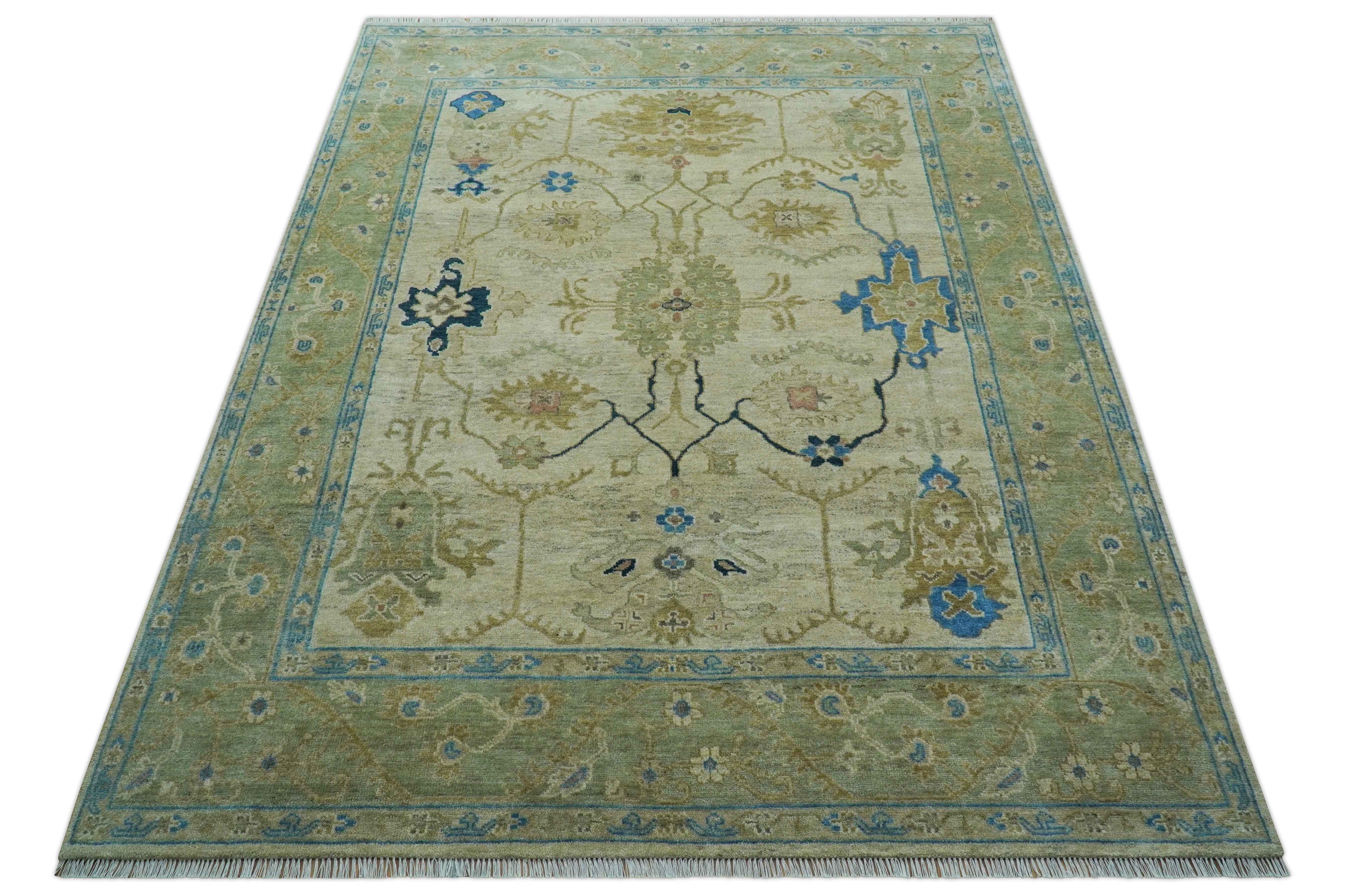 Custom Made Hand Knotted Beige and Blue Traditional Turkish Wool Rug