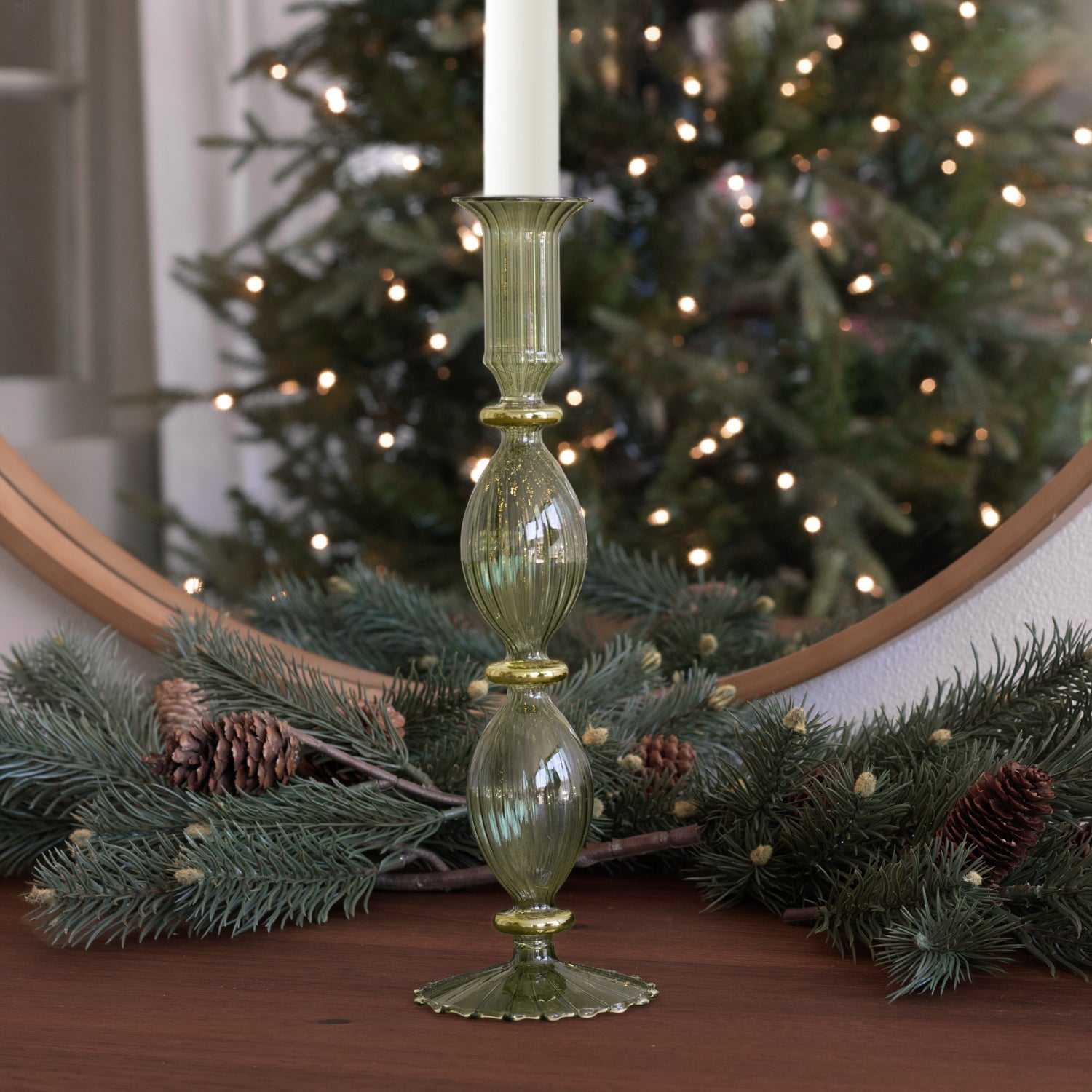 GLASS Cambridge Beryl 10" Candlestick Holder Set of 2 (Green and Gold)
