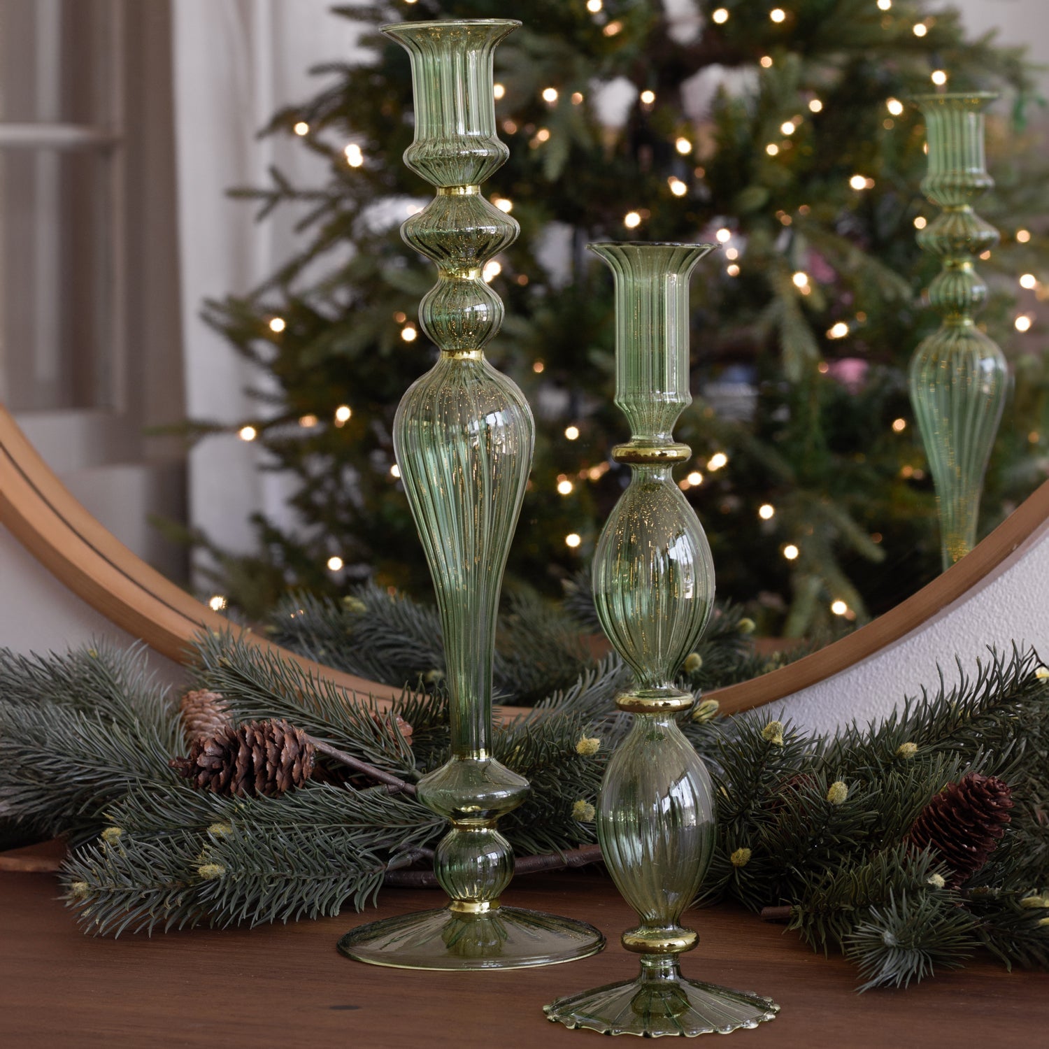 GLASS Cambridge Beryl 10" Candlestick Holder Set of 2 (Green and Gold)