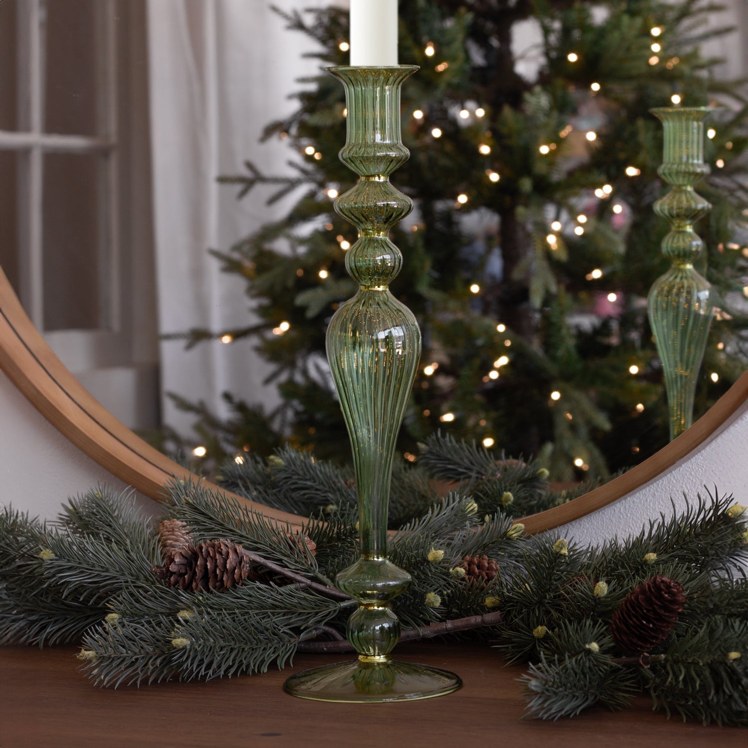GLASS Cambridge Josephine 13.5" Candleholder set of 2 (Green and Gold)