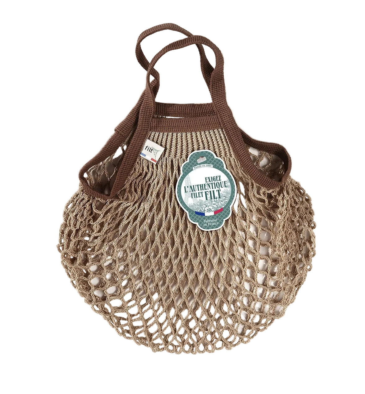 Beige Cotton Net Market Bag with Brown Handles by Filt — Mini
