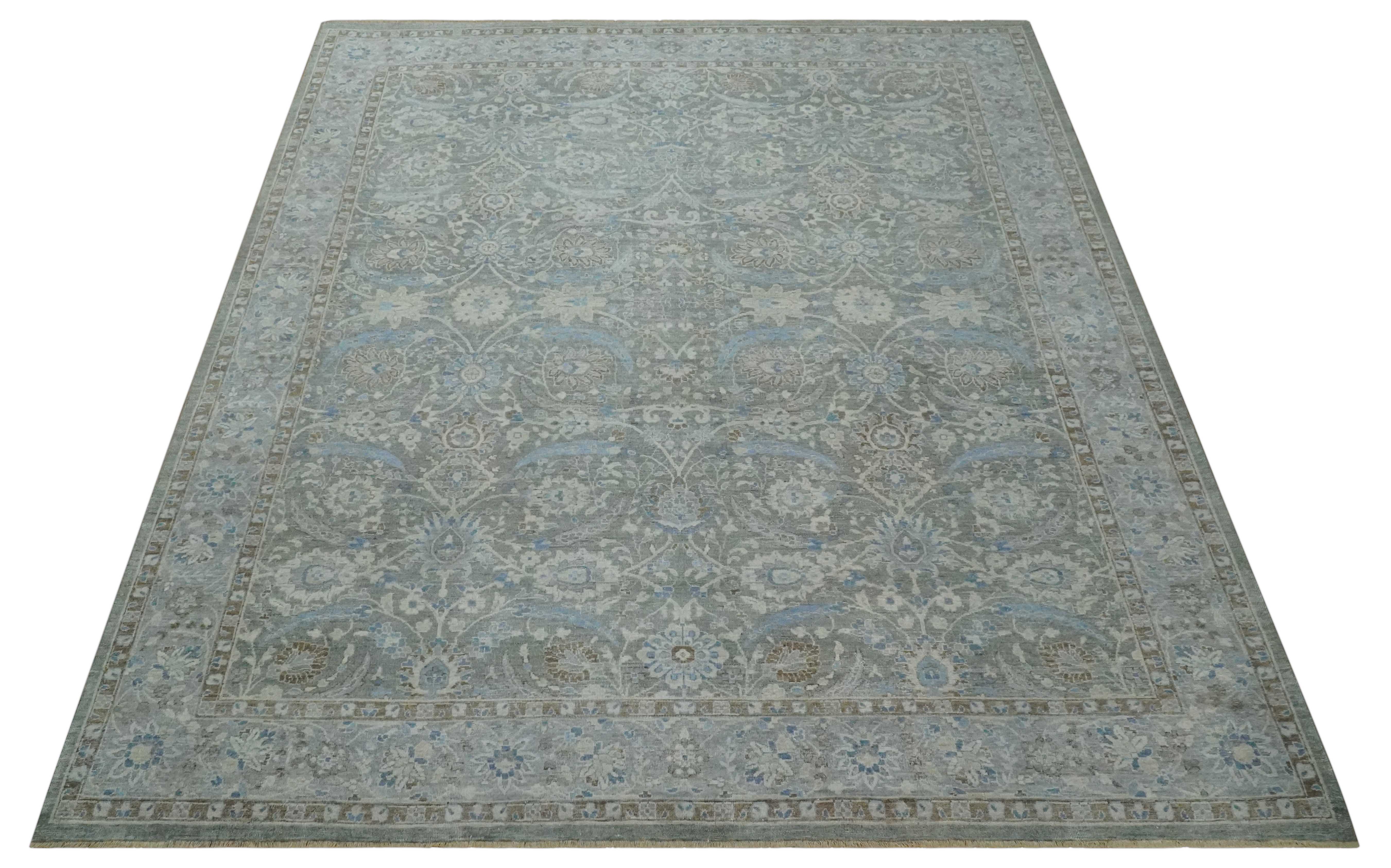 Antique Style Blue, Gray and Beige Hand knotted Classic Distressed Finished Custom Made wool Area Rug