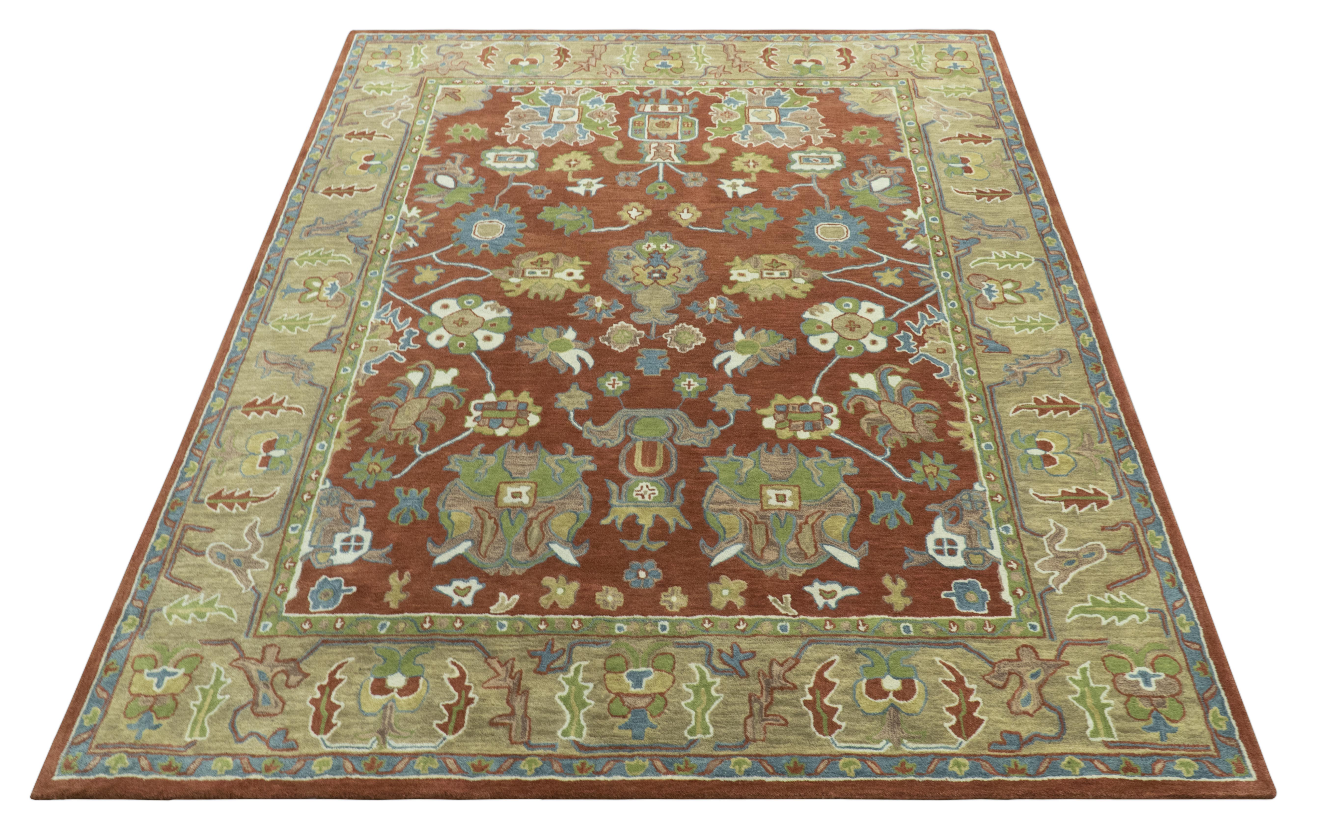 Hand Tufted Wool Area Rug in Rust And Beige with Traditional Oushak Design (8 x 10)