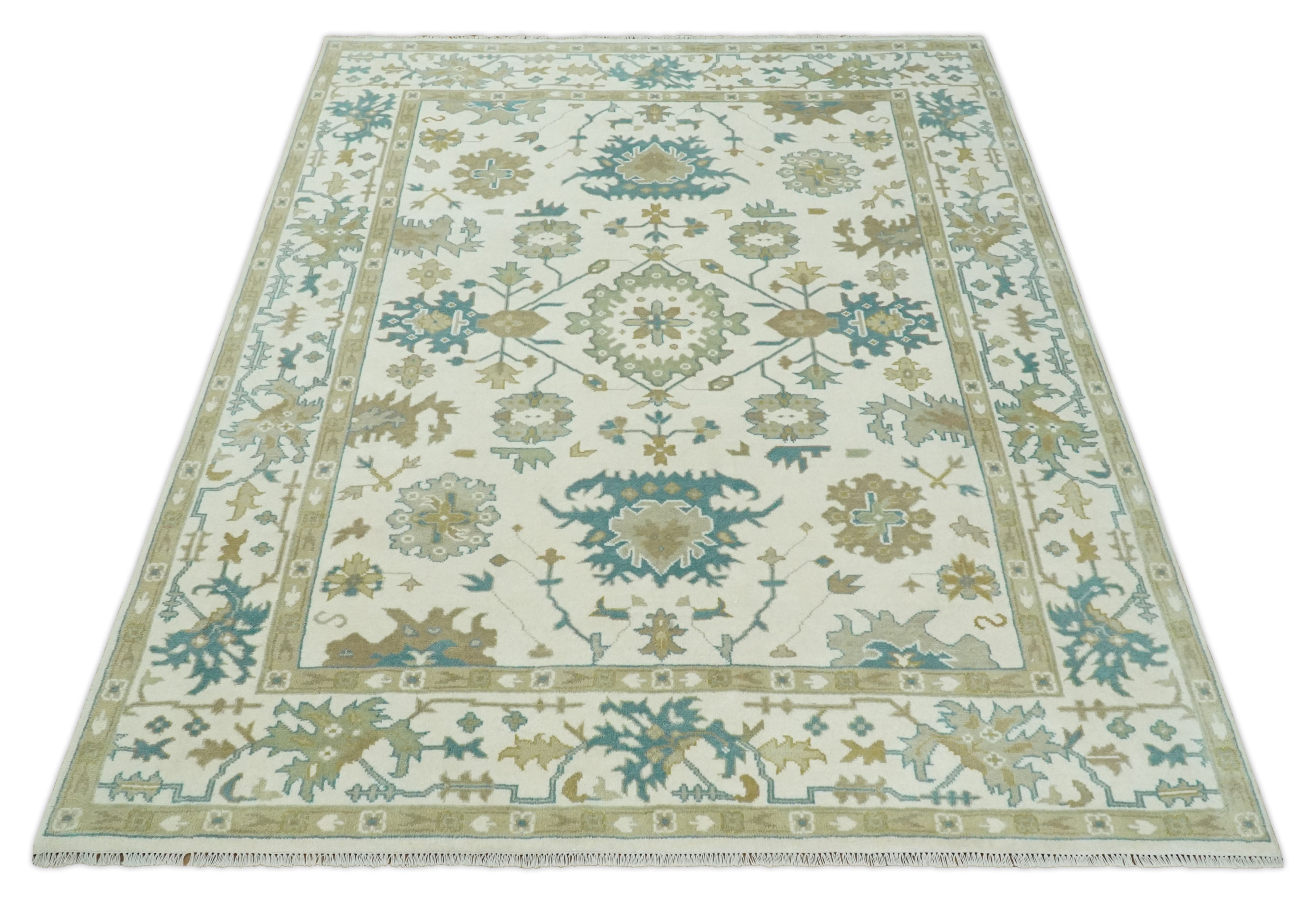 Hand Knotted Ivory, Beige and Teal Antique look Traditional Oushak Multi Size Wool Area Rug
