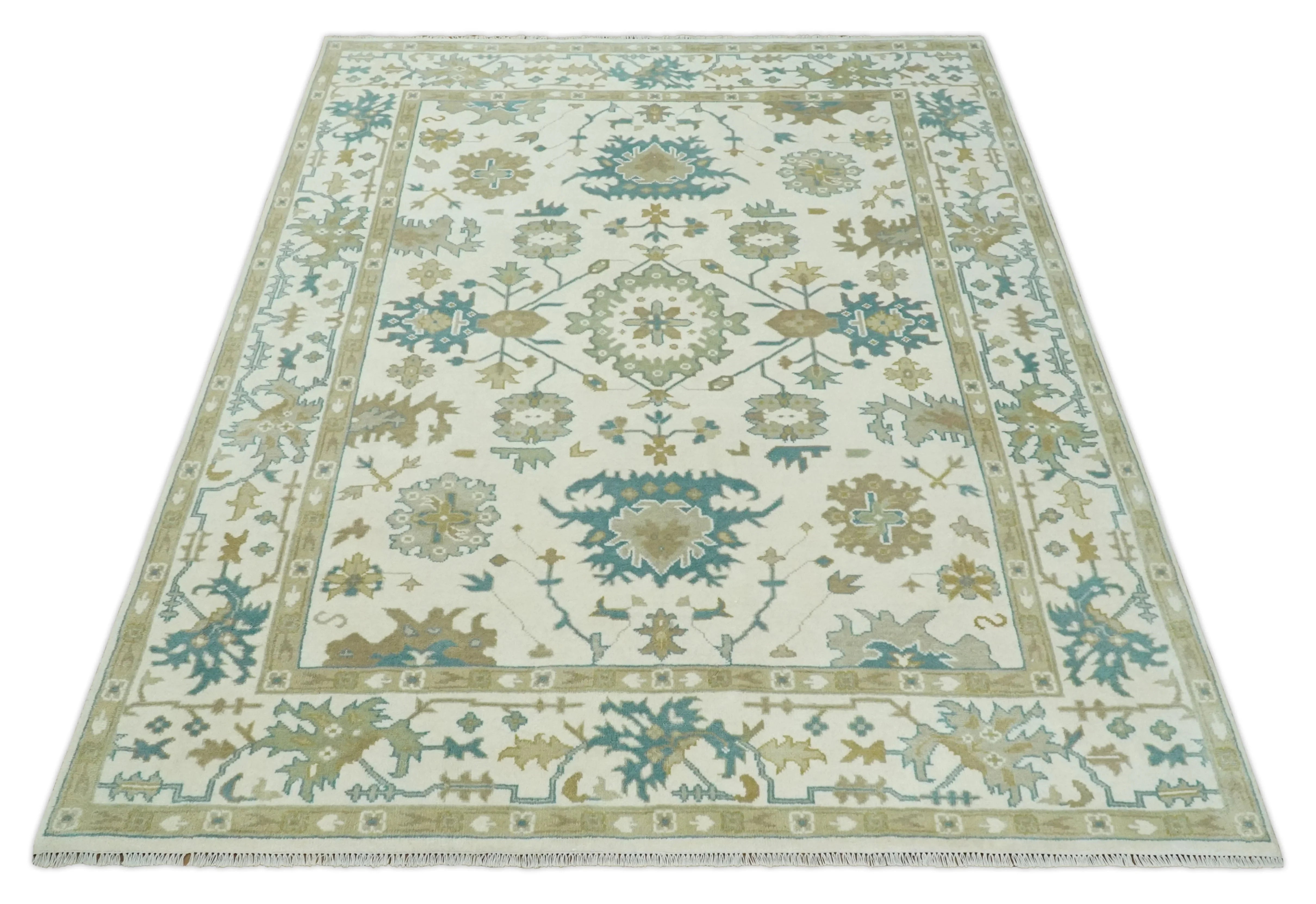 Hand Knotted Ivory, Beige and Teal Antique look Traditional Oushak Multi Size Wool Area Rug