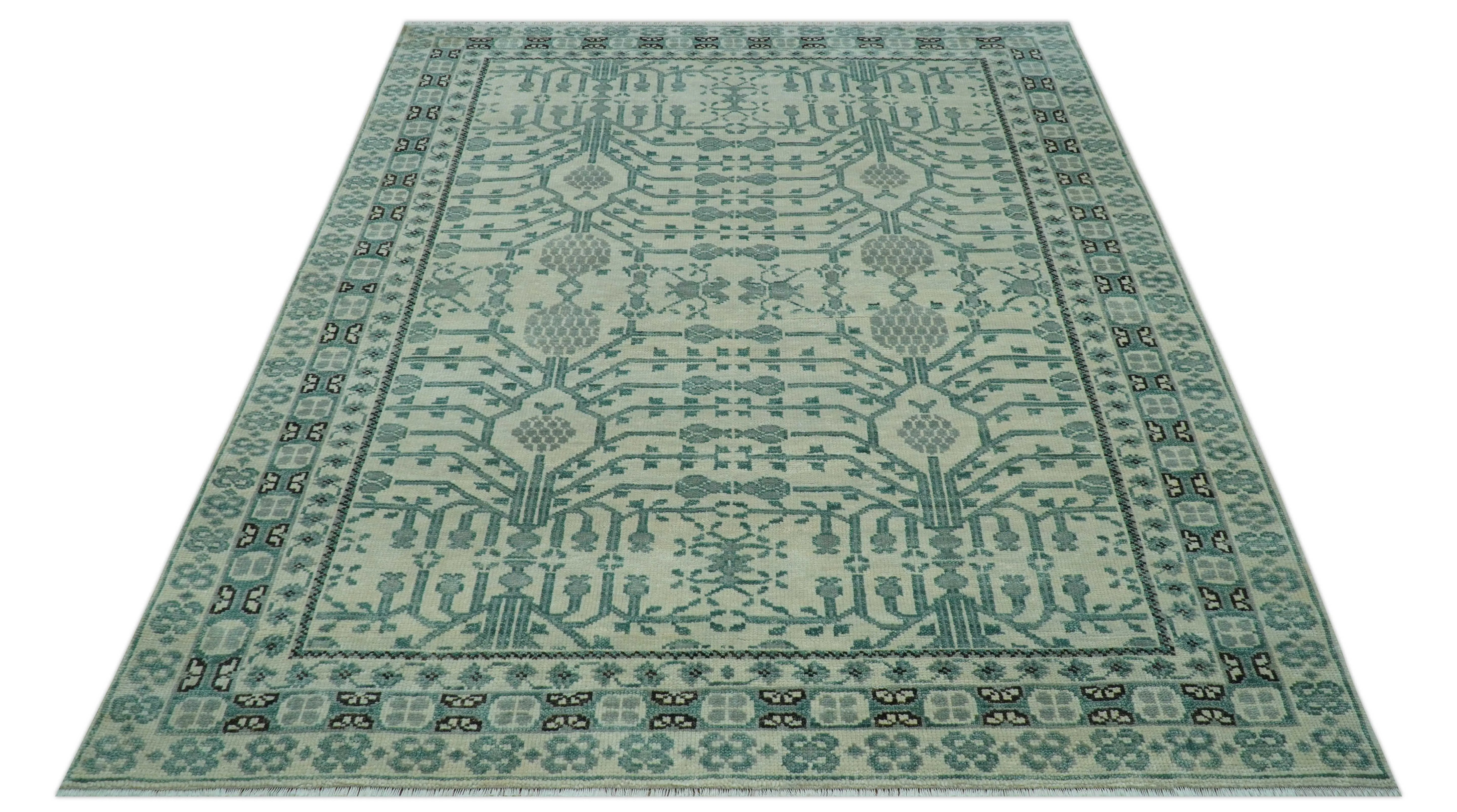 Custom Made Ivory And Gray Turkish Khotan Design Hand Knotted Wool Rug