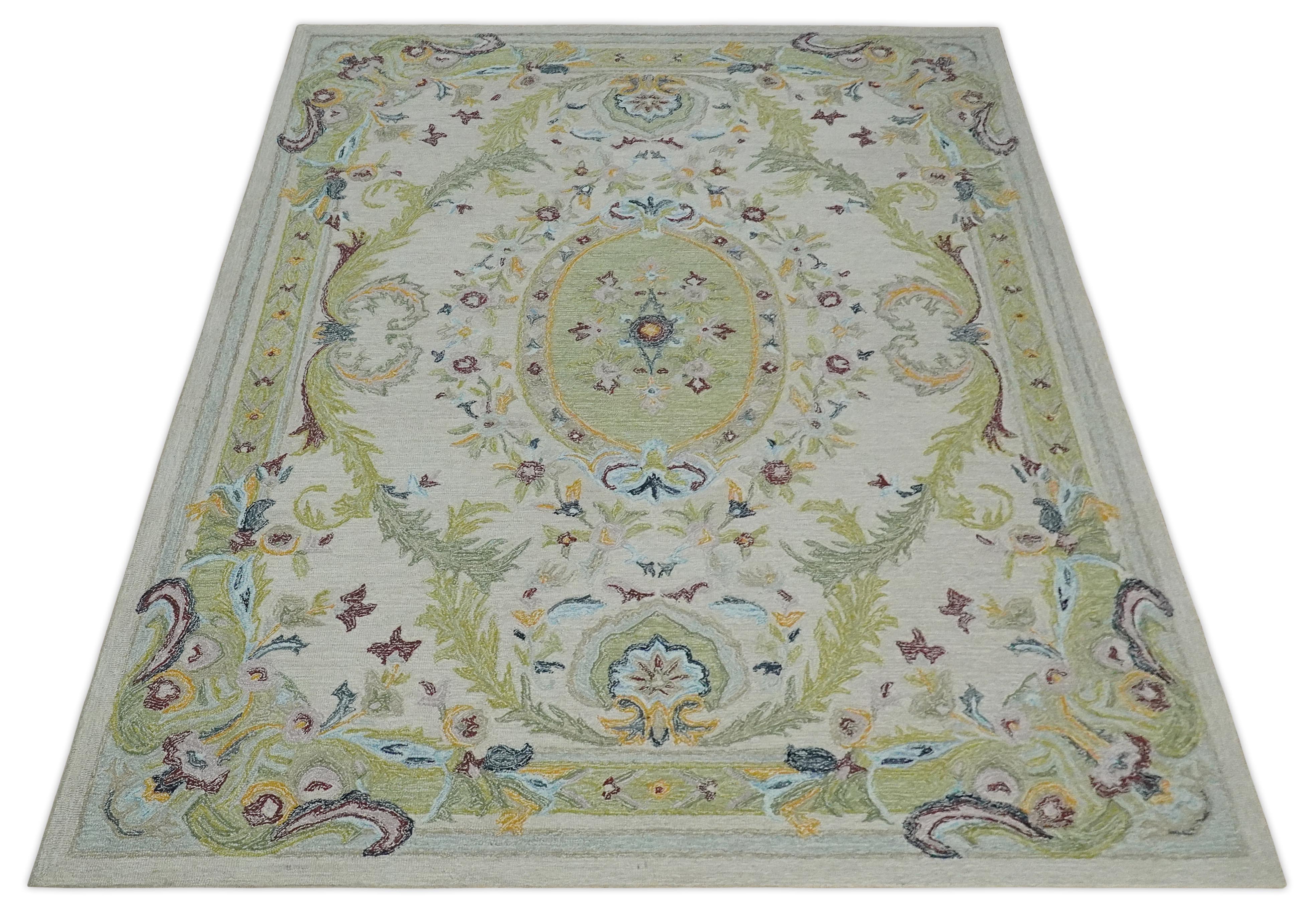Ivory and Green Custom Made French Design Aubusson Hand Tufted Wool Area Rug