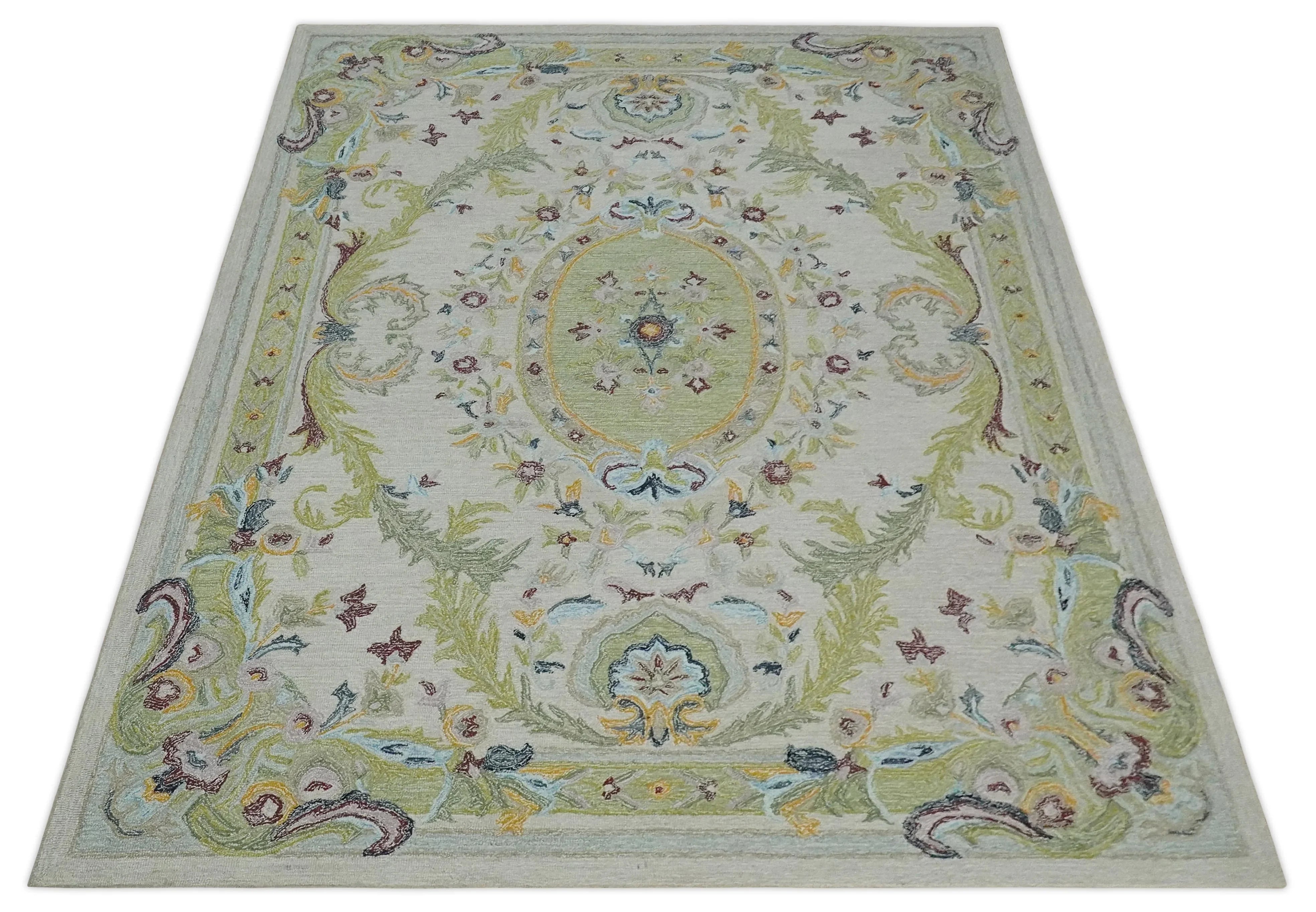 Ivory and Green Custom Made French Design Aubusson Hand Tufted Wool Area Rug