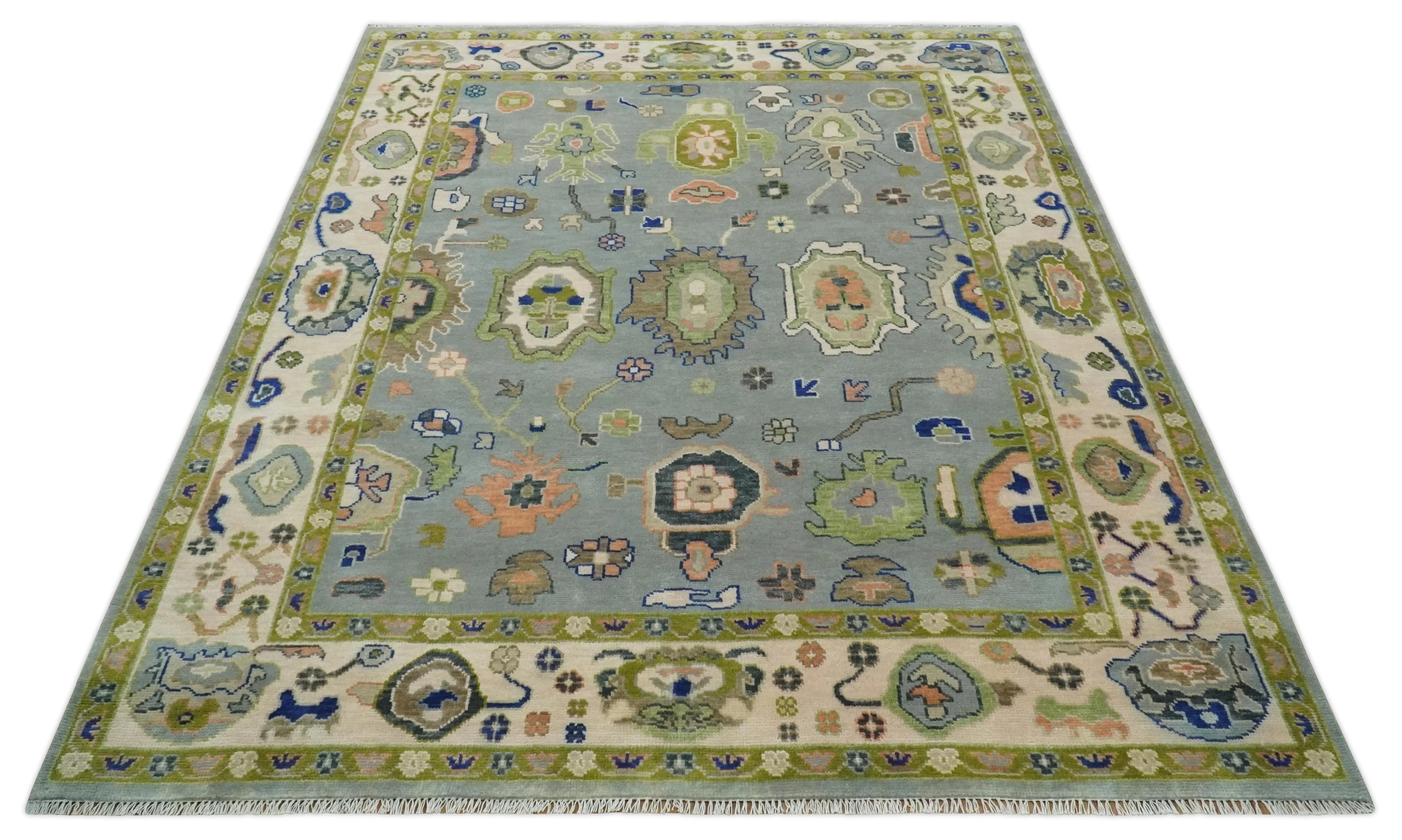 Vibrant Colorful Silver, Green and Light Peach Hand knotted Oushak wool Area Rug