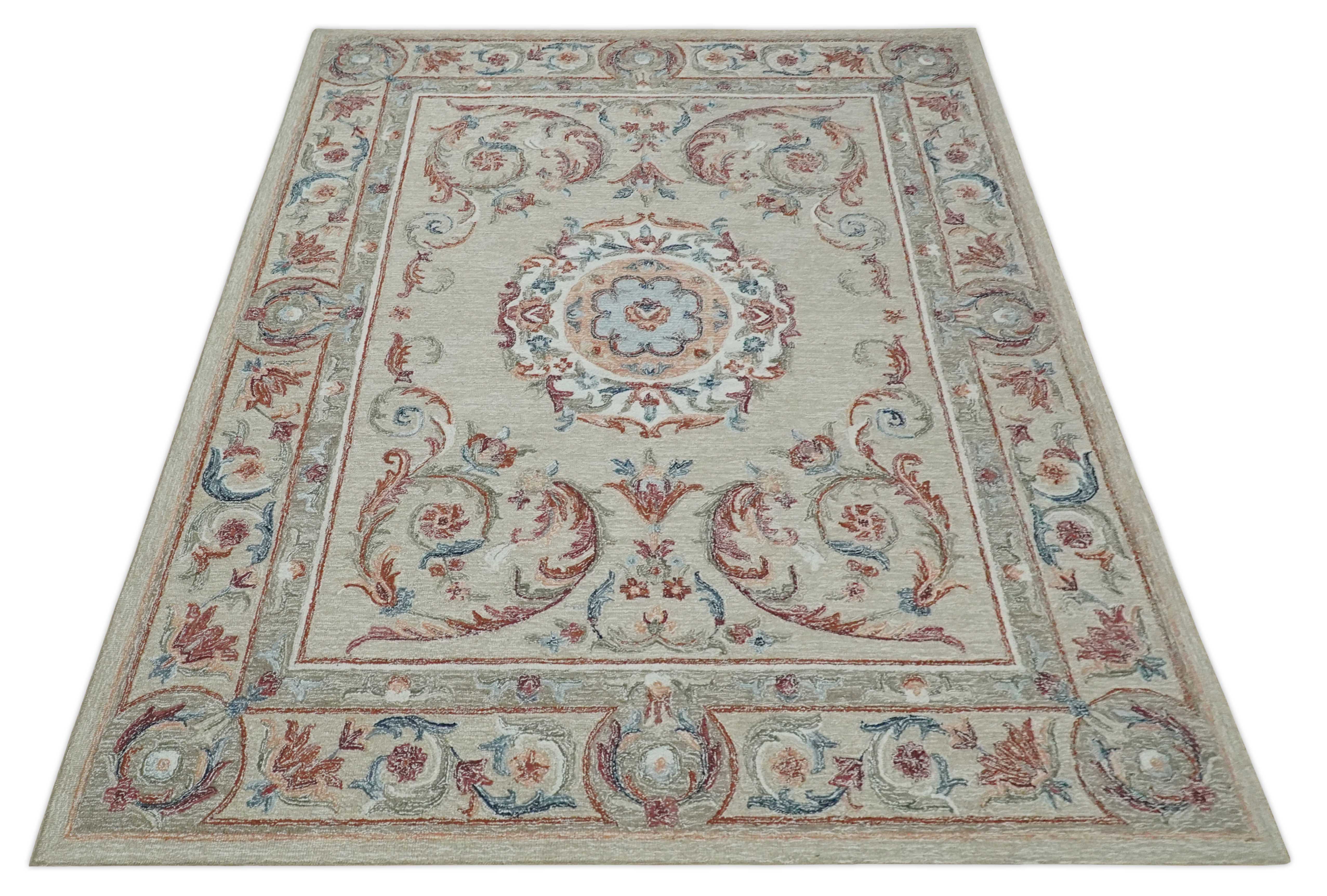 French Inspired Aubusson design Custom Made Beige, Brown and Blue Hand Tufted wool Area Rug