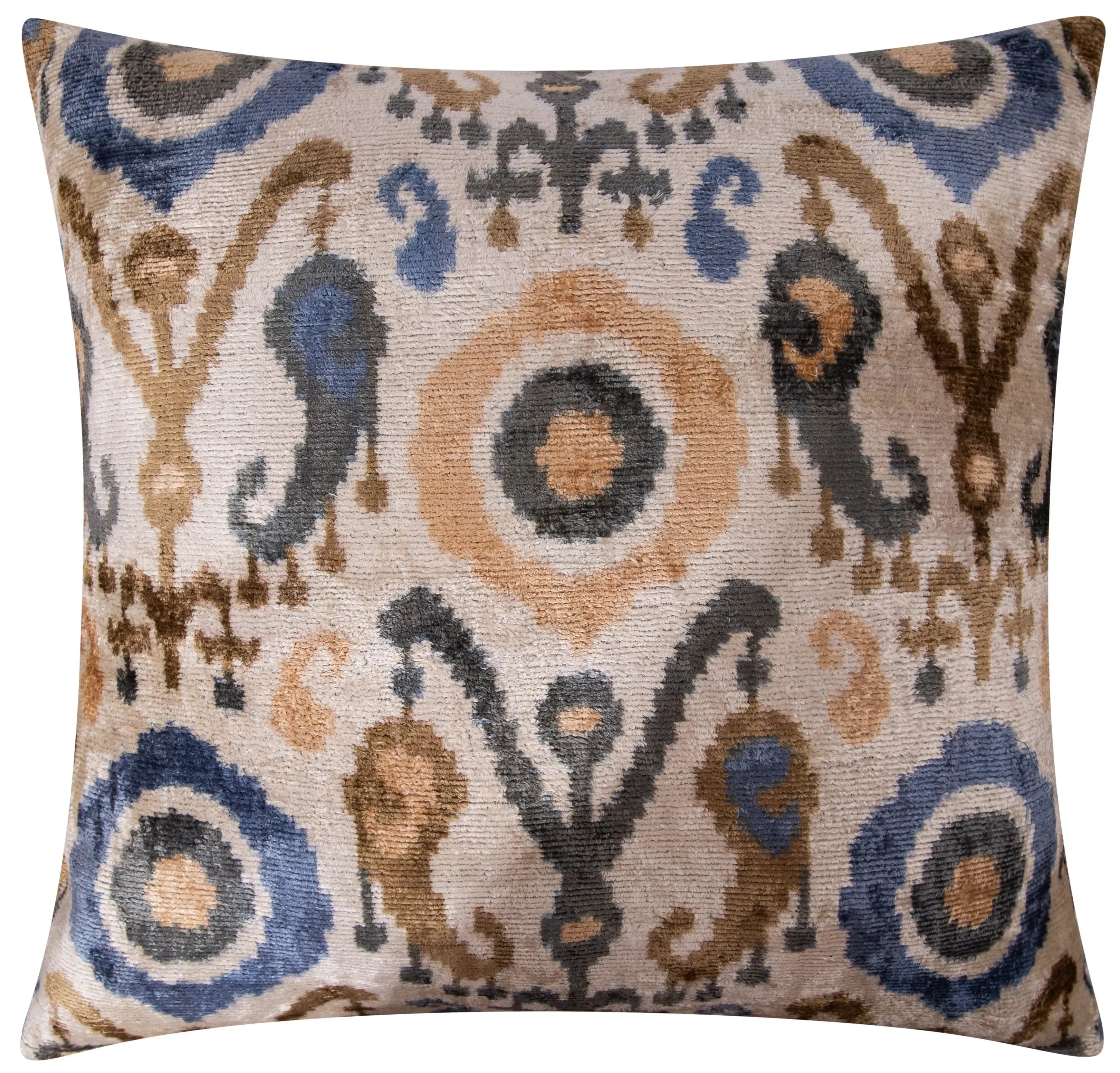 Handmade Silk Velvet Ikat Throw Pillow - 20x20, Beige, Blue, and Brown Luxury Design with Down Feather Insert - The Mayfair Hall