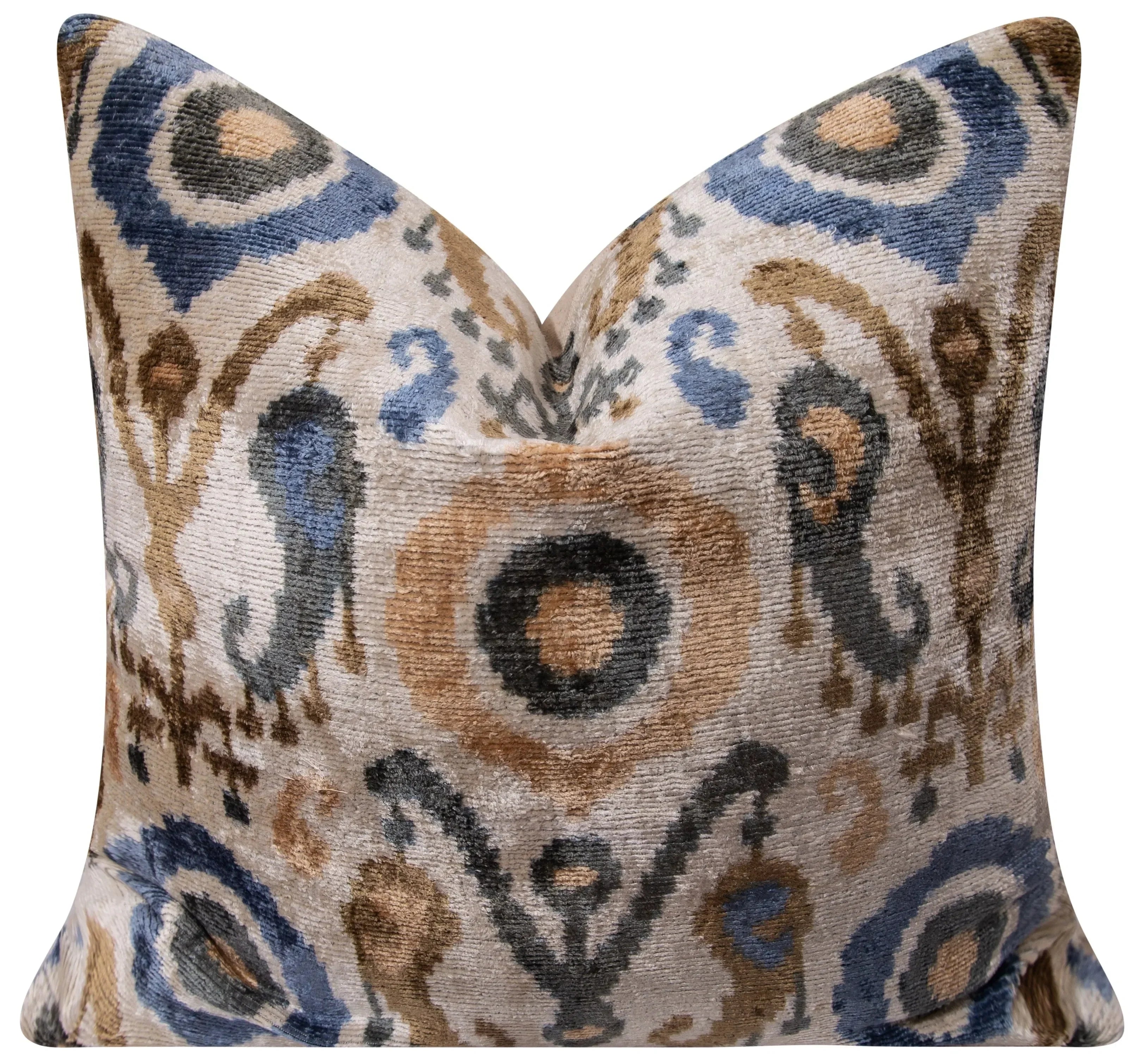 Handmade Silk Velvet Ikat Throw Pillow - 20x20, Beige, Blue, and Brown Luxury Design with Down Feather Insert - The Mayfair Hall