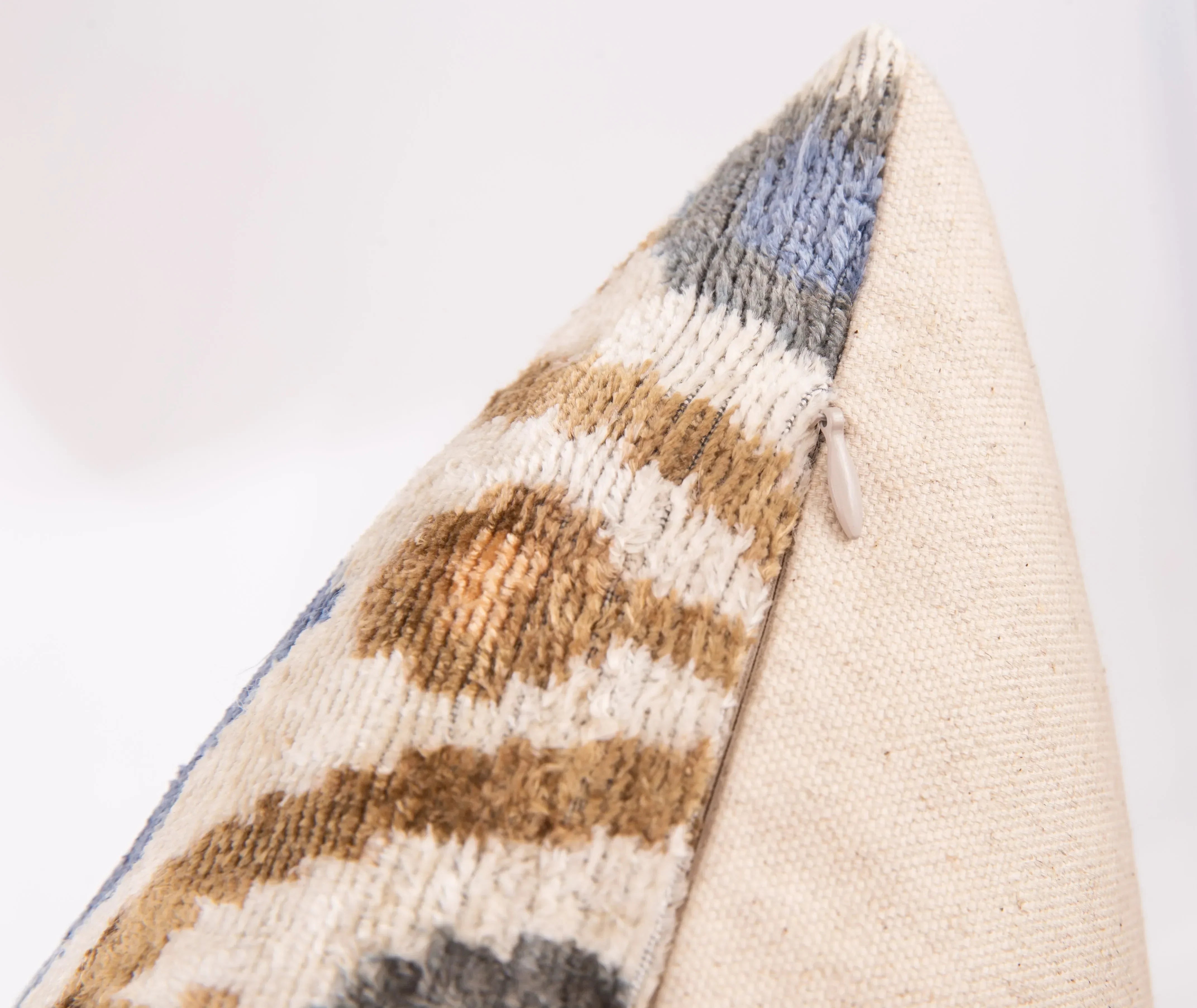 Handmade Silk Velvet Ikat Throw Pillow - 20x20, Beige, Blue, and Brown Luxury Design with Down Feather Insert - The Mayfair Hall