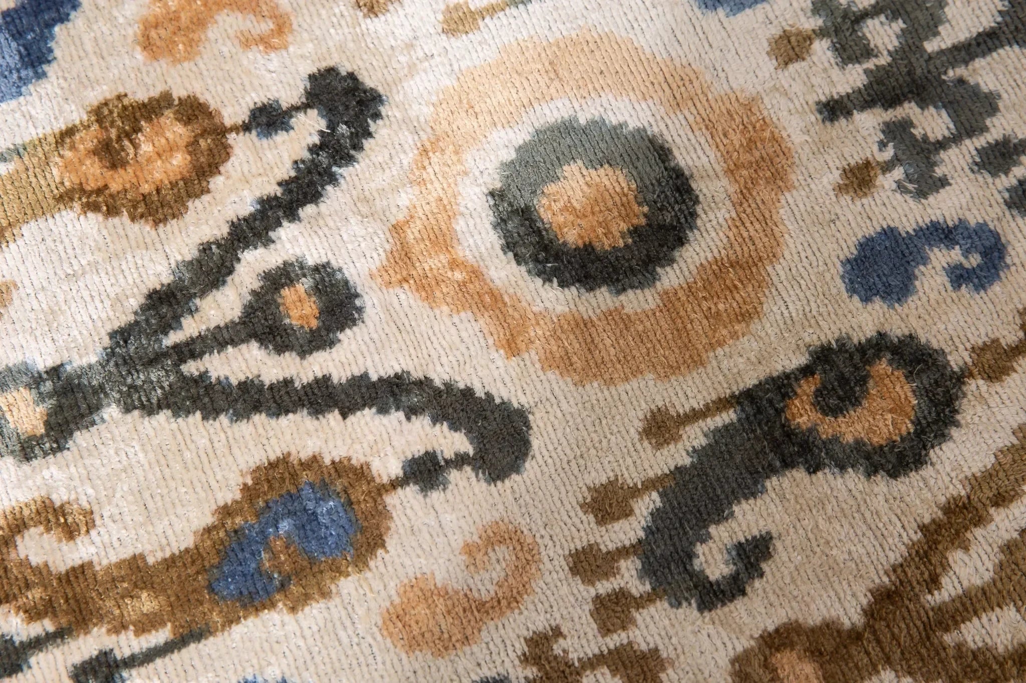 Handmade Silk Velvet Ikat Throw Pillow - 20x20, Beige, Blue, and Brown Luxury Design with Down Feather Insert - The Mayfair Hall