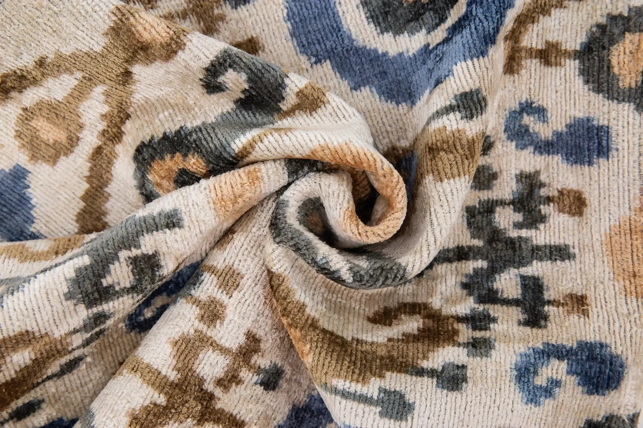 Handmade Silk Velvet Ikat Throw Pillow - 20x20, Beige, Blue, and Brown Luxury Design with Down Feather Insert - The Mayfair Hall