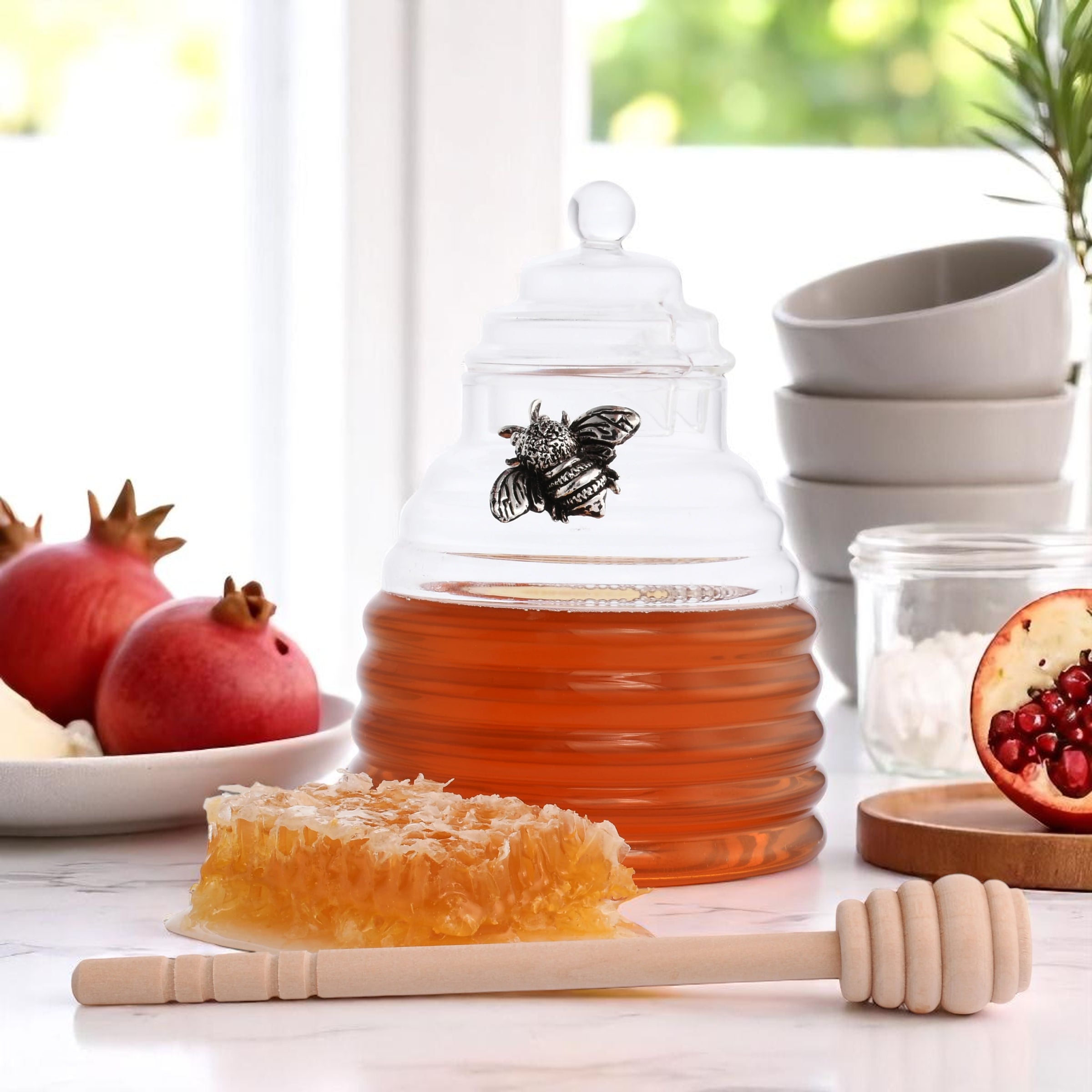 Silver Bee Honey Jar / Pot with Dipper