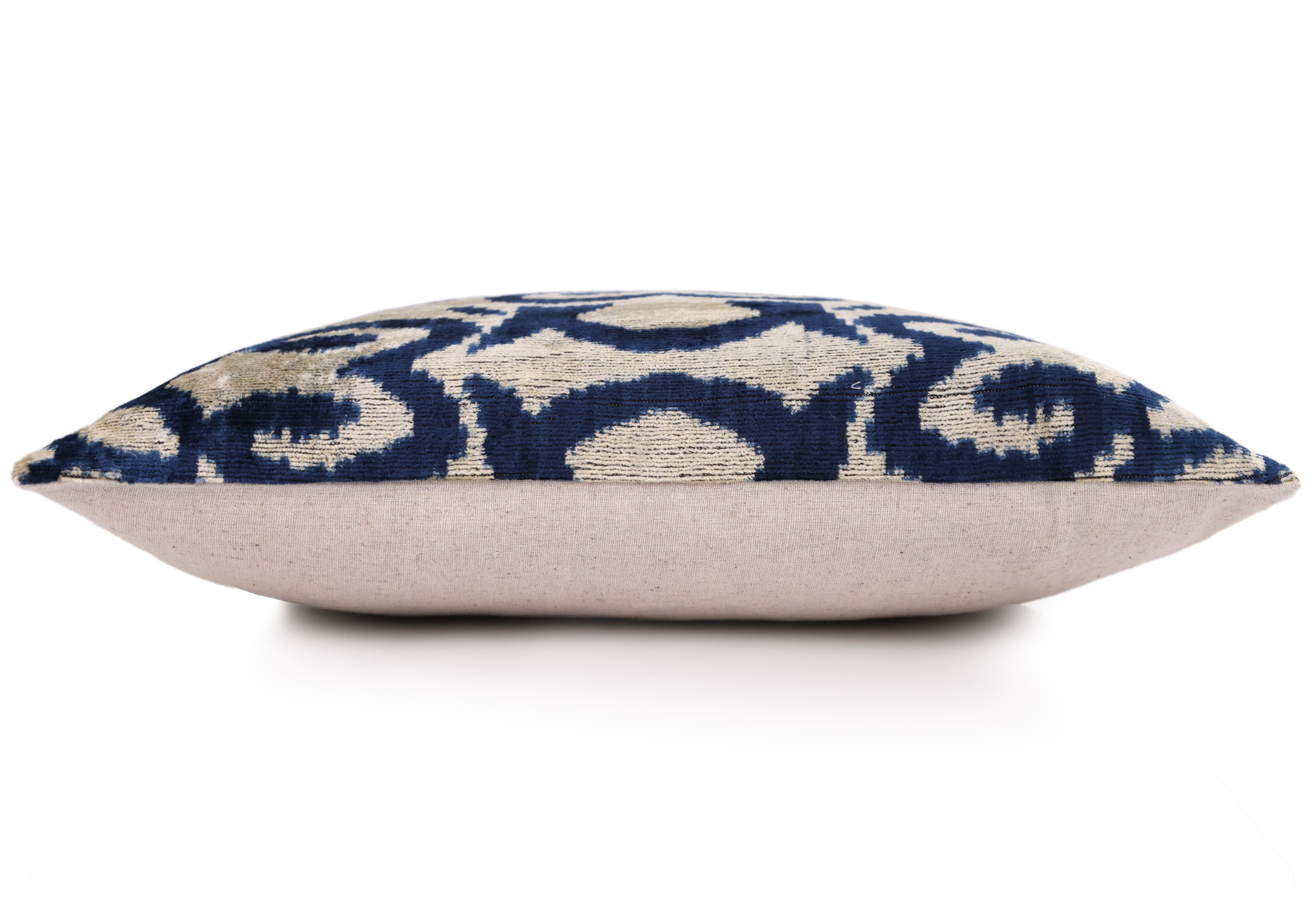 Indigo Ikat Velvet Pillow – Handmade 16x16 Square Accent Cushion