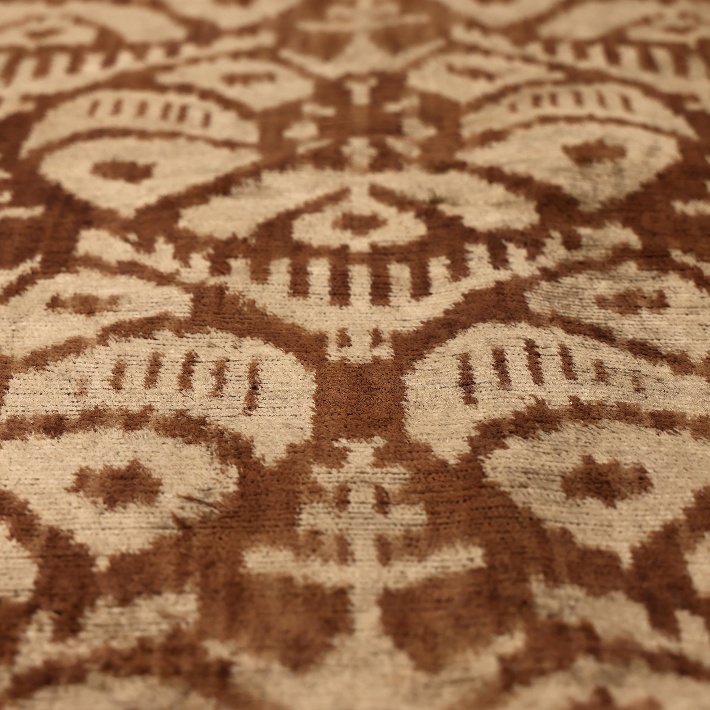 The Cognac & Cream Traditional Ikat Silk Velvet Pillow - 20" x 20"