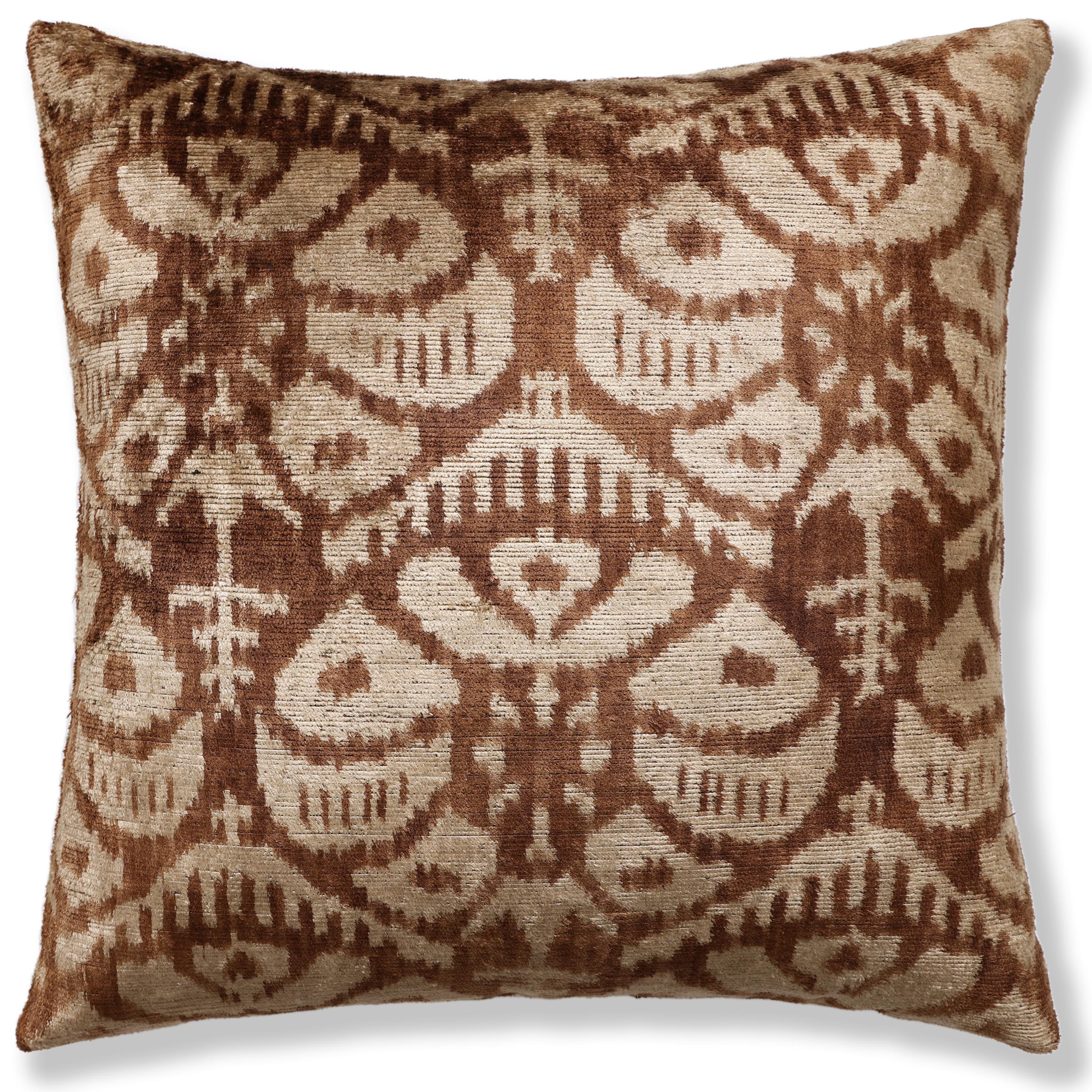The Cognac & Cream Traditional Ikat Silk Velvet Pillow - 20" x 20"