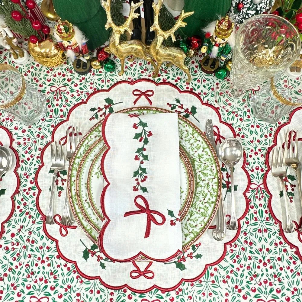 Holly & Bows Green and Red Embroidered Linen Placemat (Set of 4)