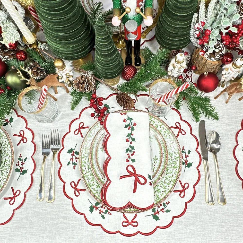 Holly & Bows Green and Red Embroidered Linen Placemat (Set of 4)
