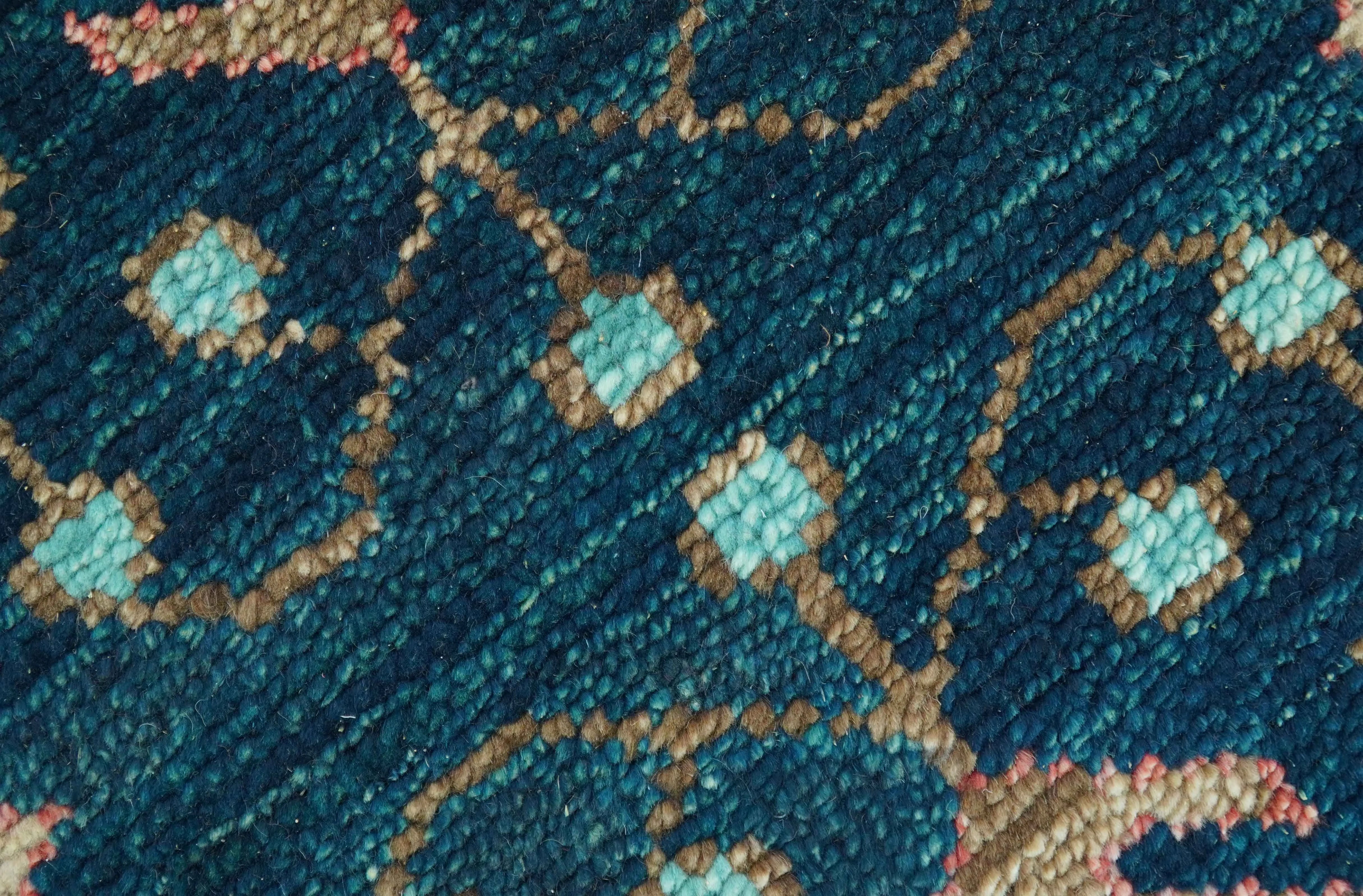 Custom Made Teal And Brown Traditional Tribal Design Hand Knotted Wool Rug