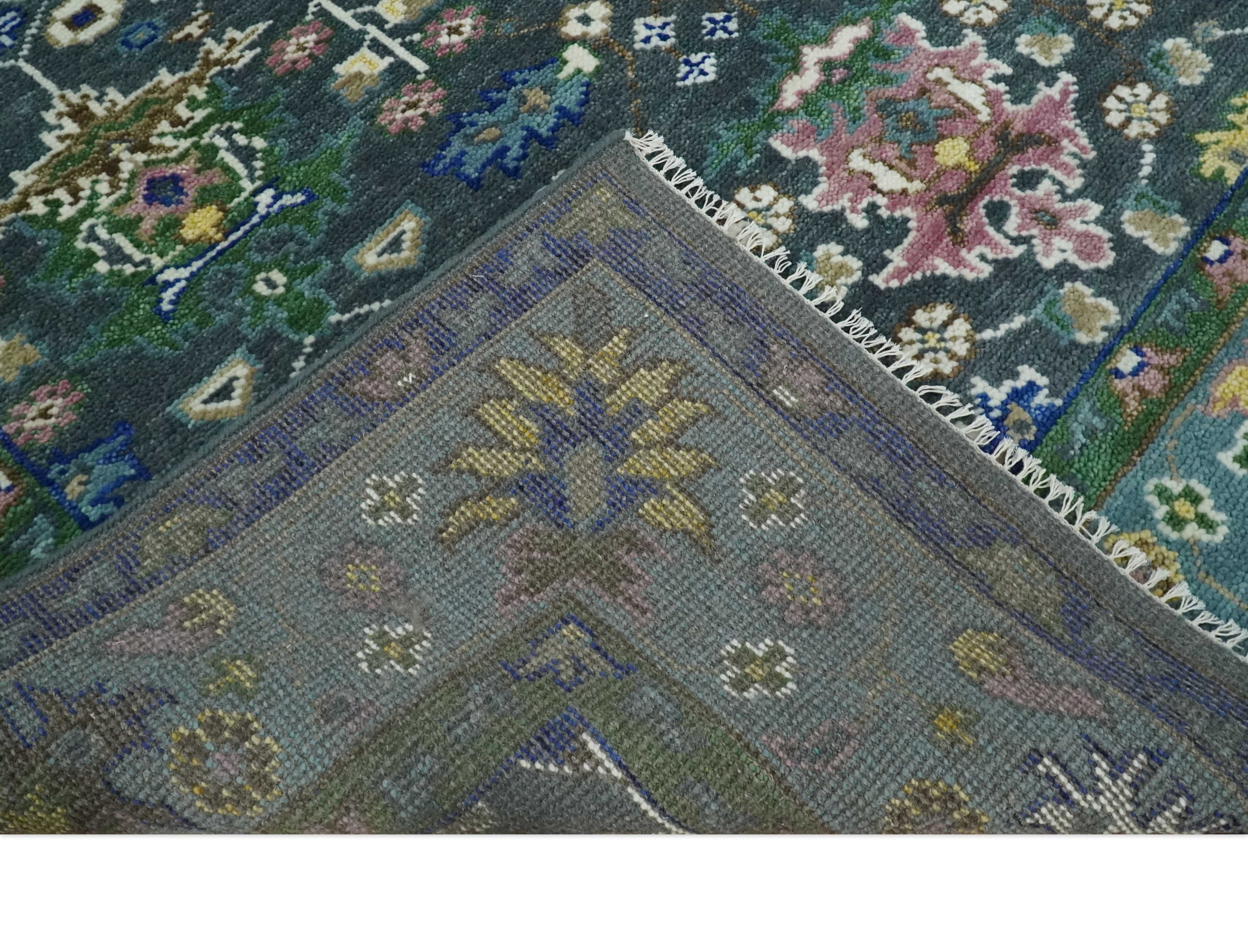 Ready to Ship Hand Knotted Green Moss and Blue Traditional Turkish Design Wool Rug
