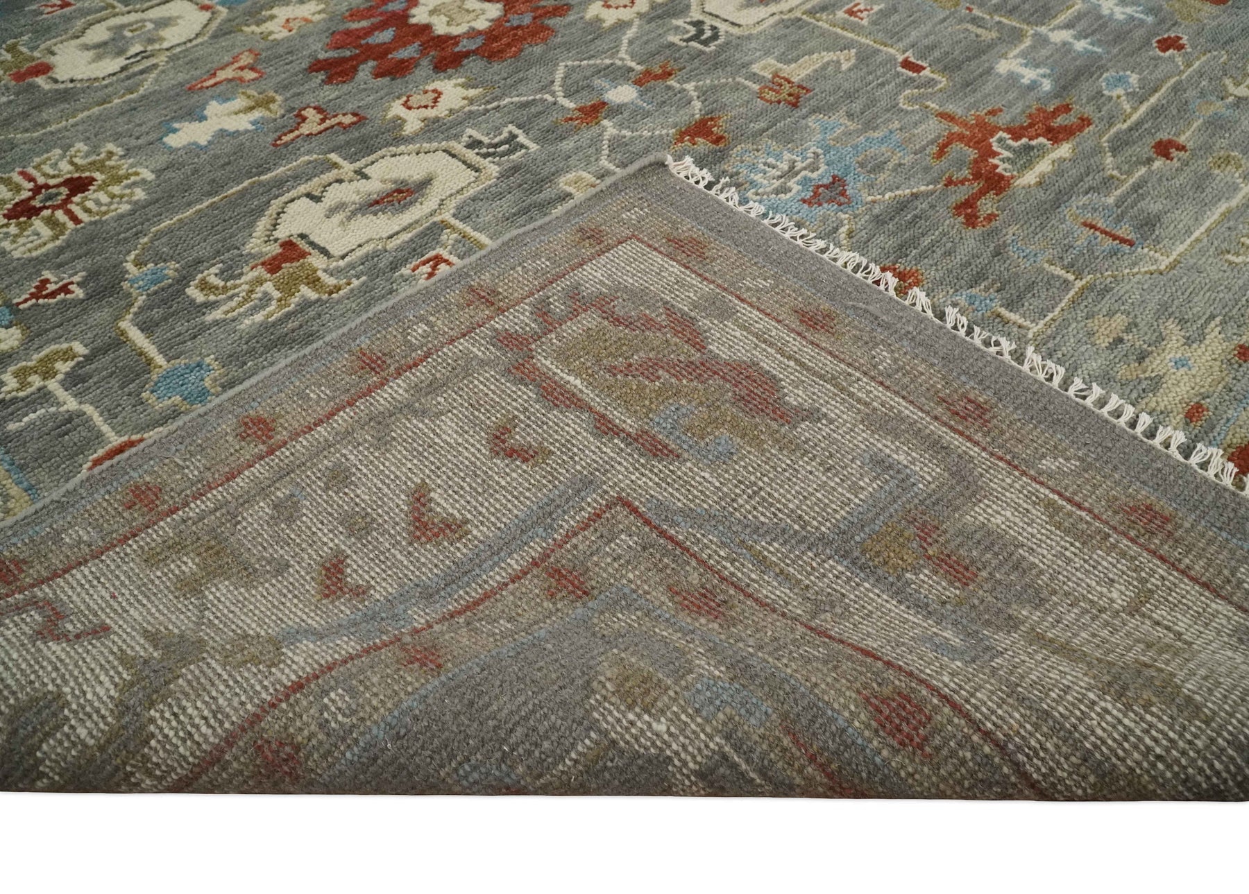 Hand Knotted Living Room Rug Charcoal, Red and Beige Traditional Vintage Style Custom Made Wool Area Rug