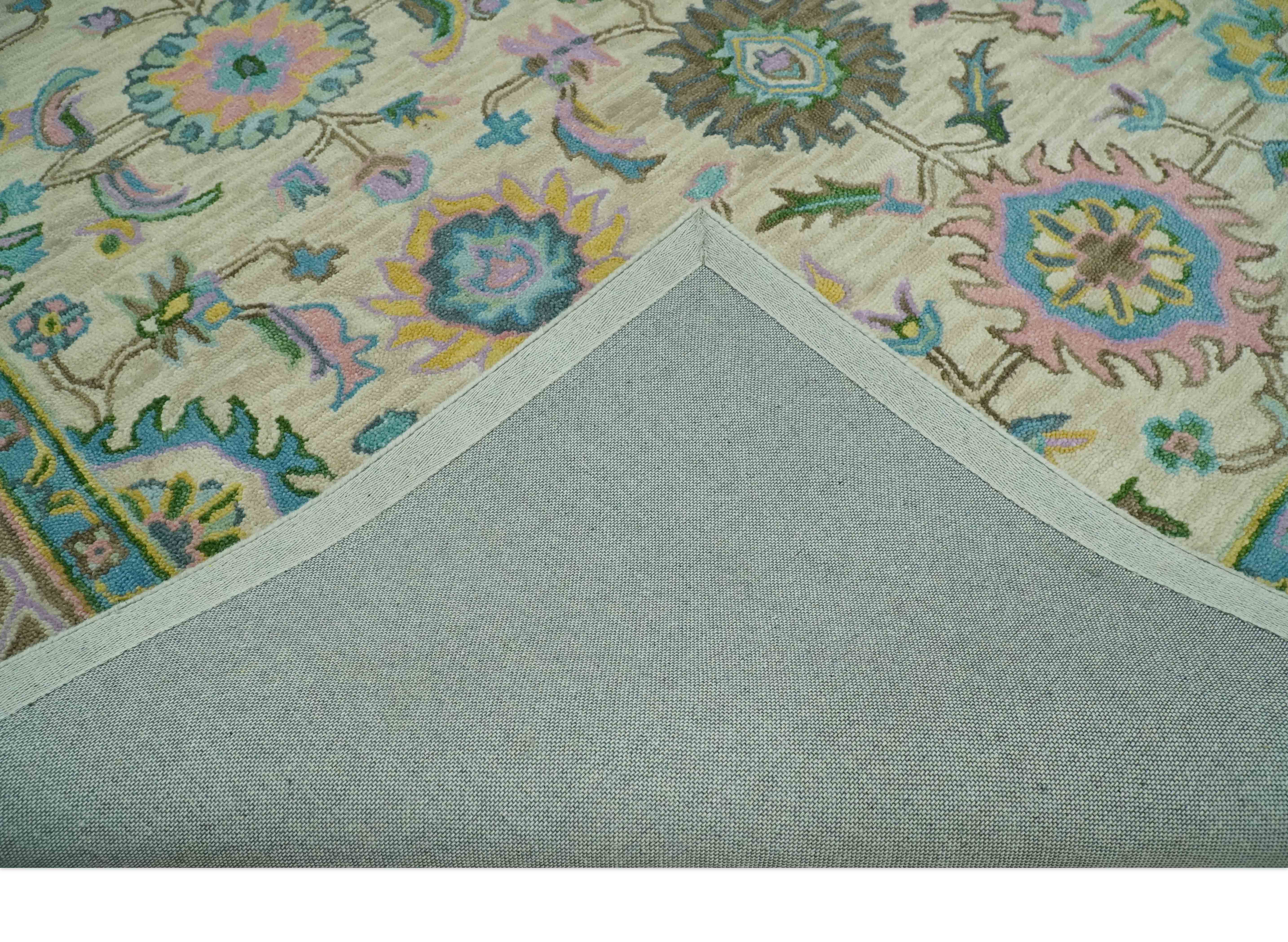 Floral Beige, Blue and Purple Traditional Hand Tufted Custom Made Wool Rug