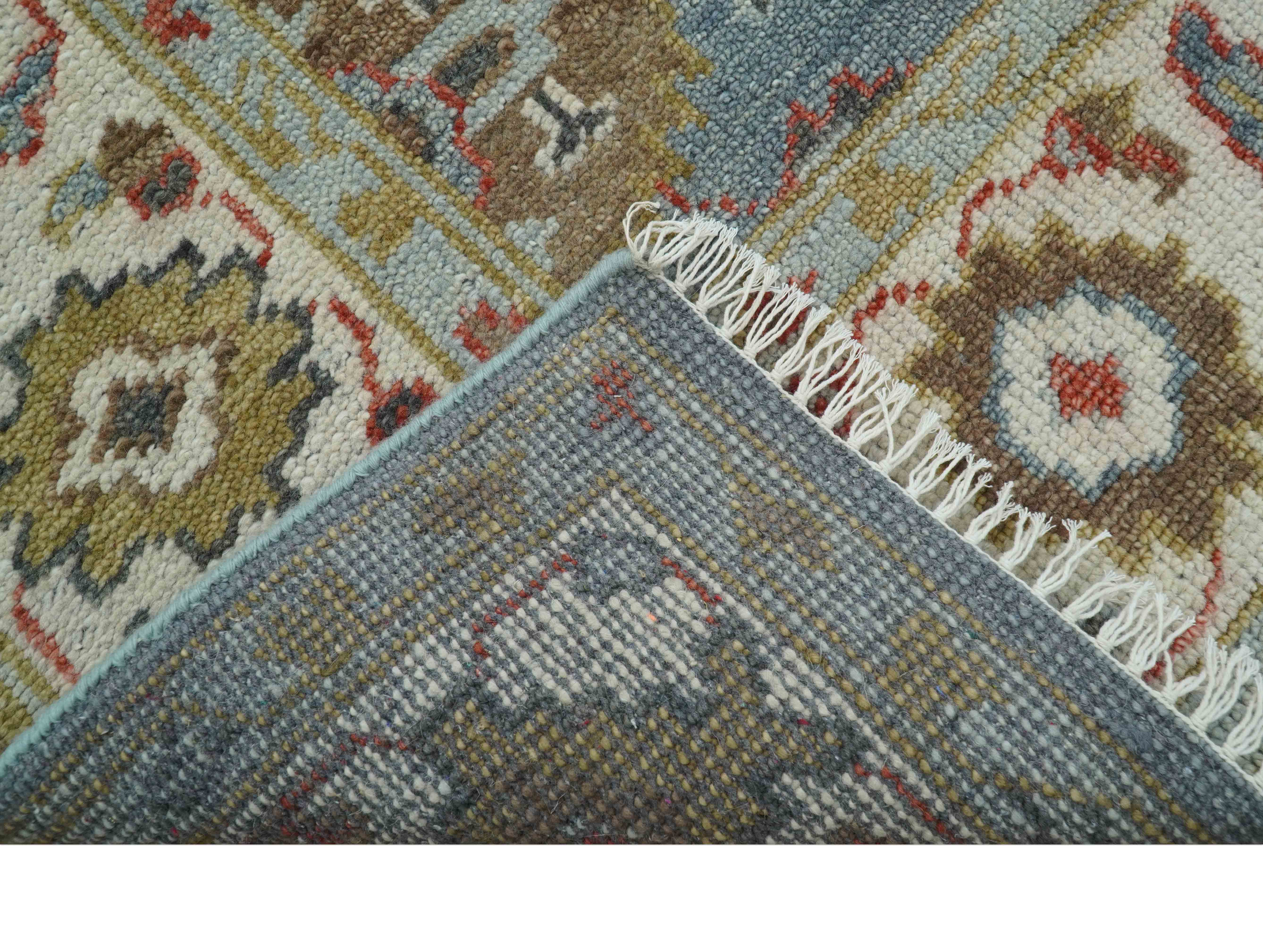 Custom Made Blue And Beige Traditional Hand Knotted Wool Area Rug