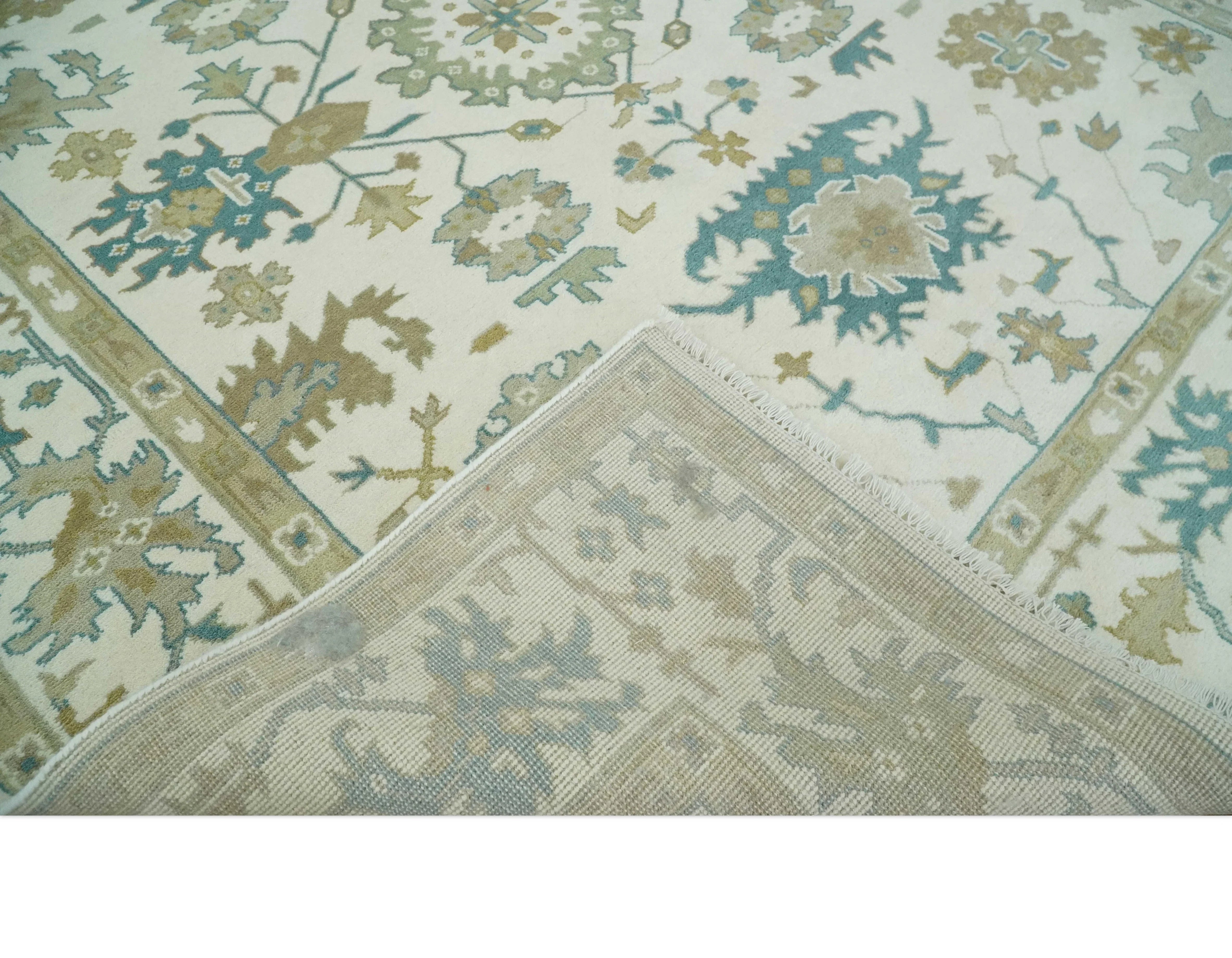 Hand Knotted Ivory, Beige and Teal Antique look Traditional Oushak Multi Size Wool Area Rug