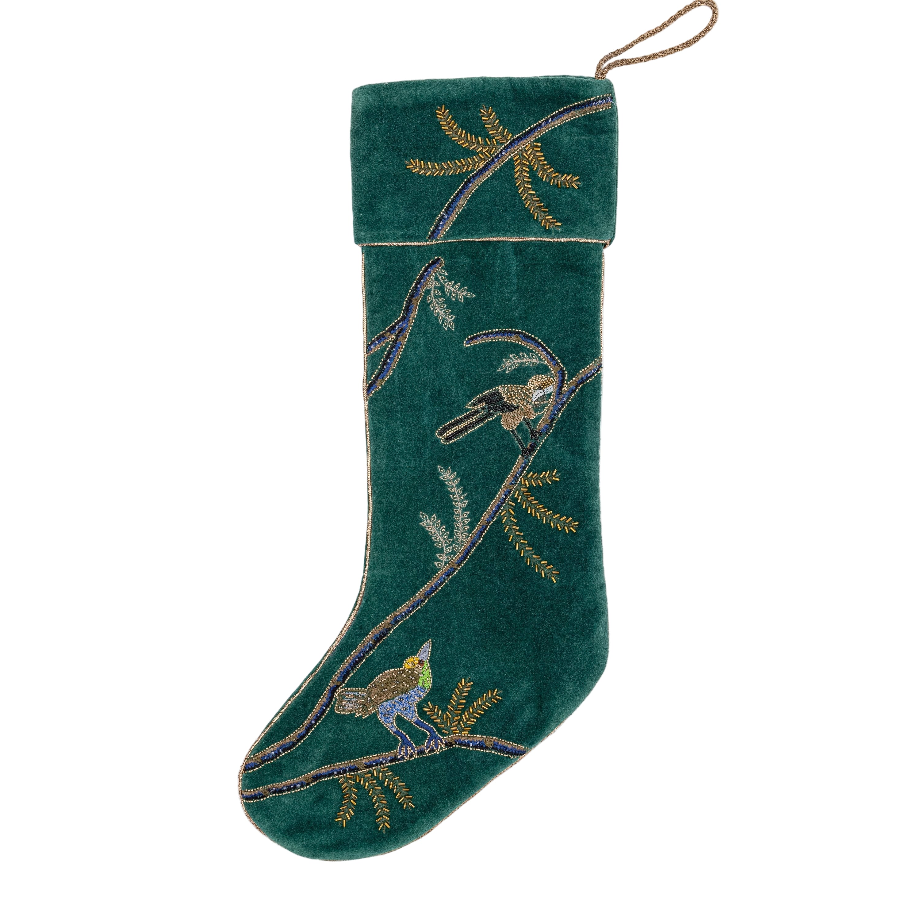 Bird Theme Embroidered Green Velvet Stocking