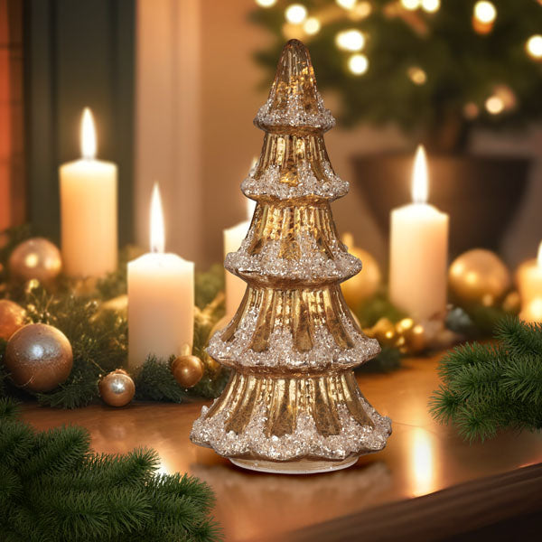 Lit Gold Mercury Glass Tabletop Christmas Tree by Old World Christmas — 12″