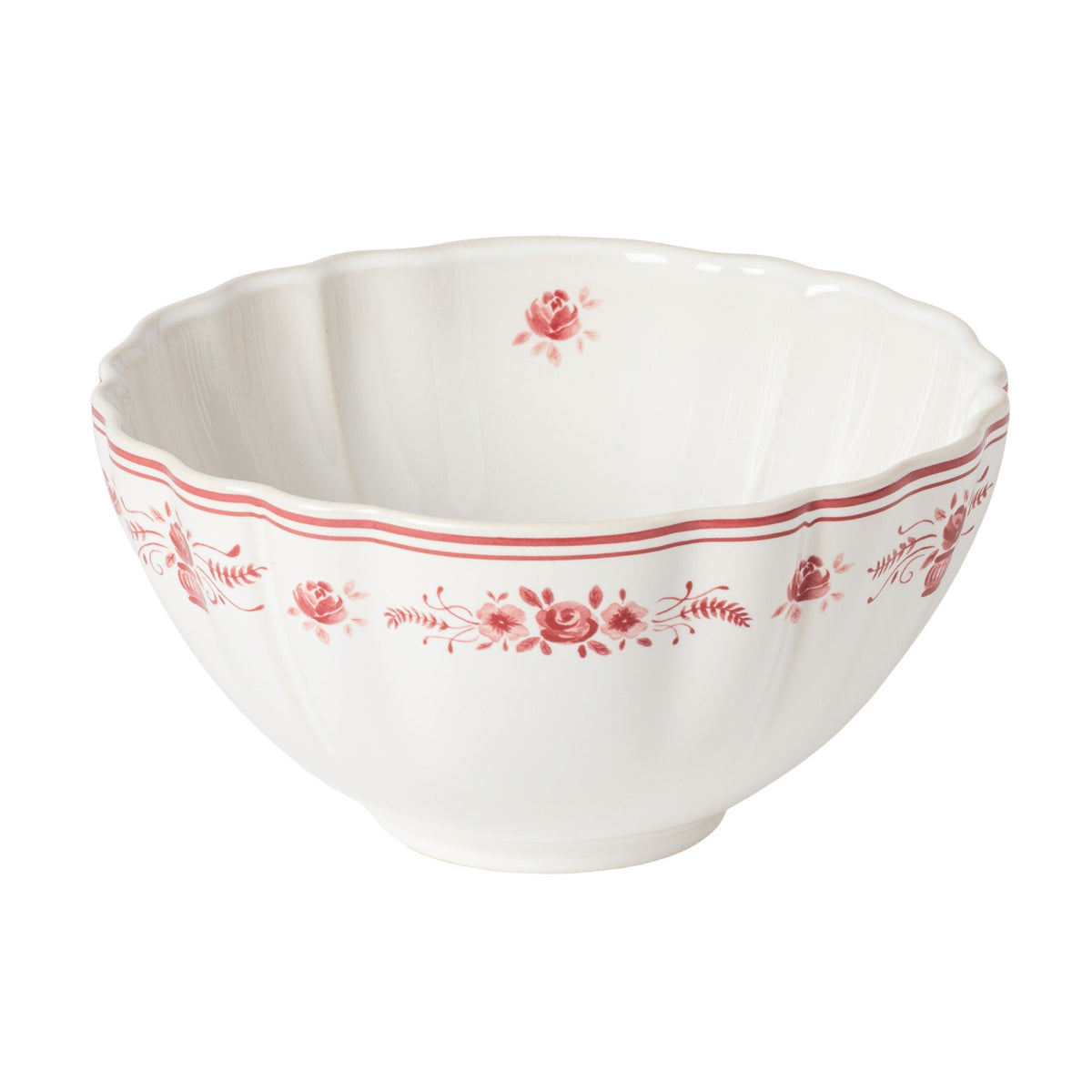 Vila White and Red Floral Stoneware Soup and Cereal Bowl — overall form and detail