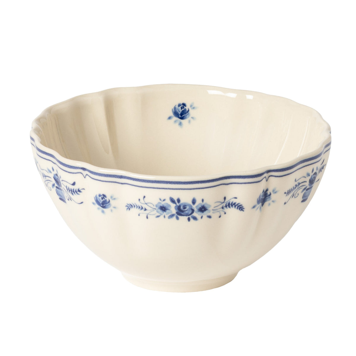 Vila Beige and Blue Floral Stoneware Soup and Cereal Bowl — overall form and detail