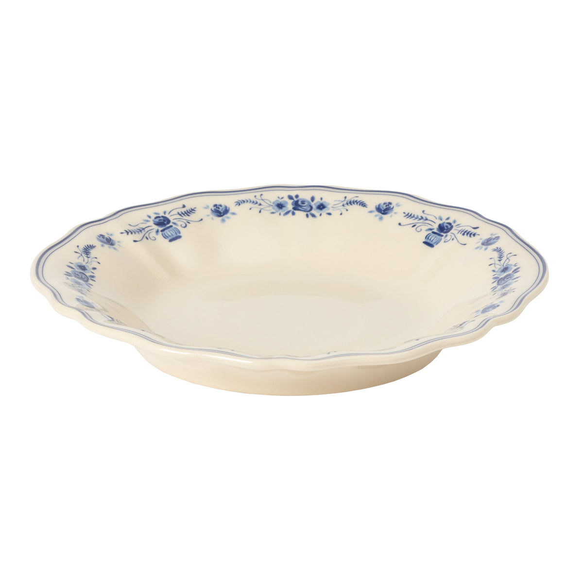 Vila Beige and Blue Floral Stoneware Soup and Pasta Plate — overall form and detail