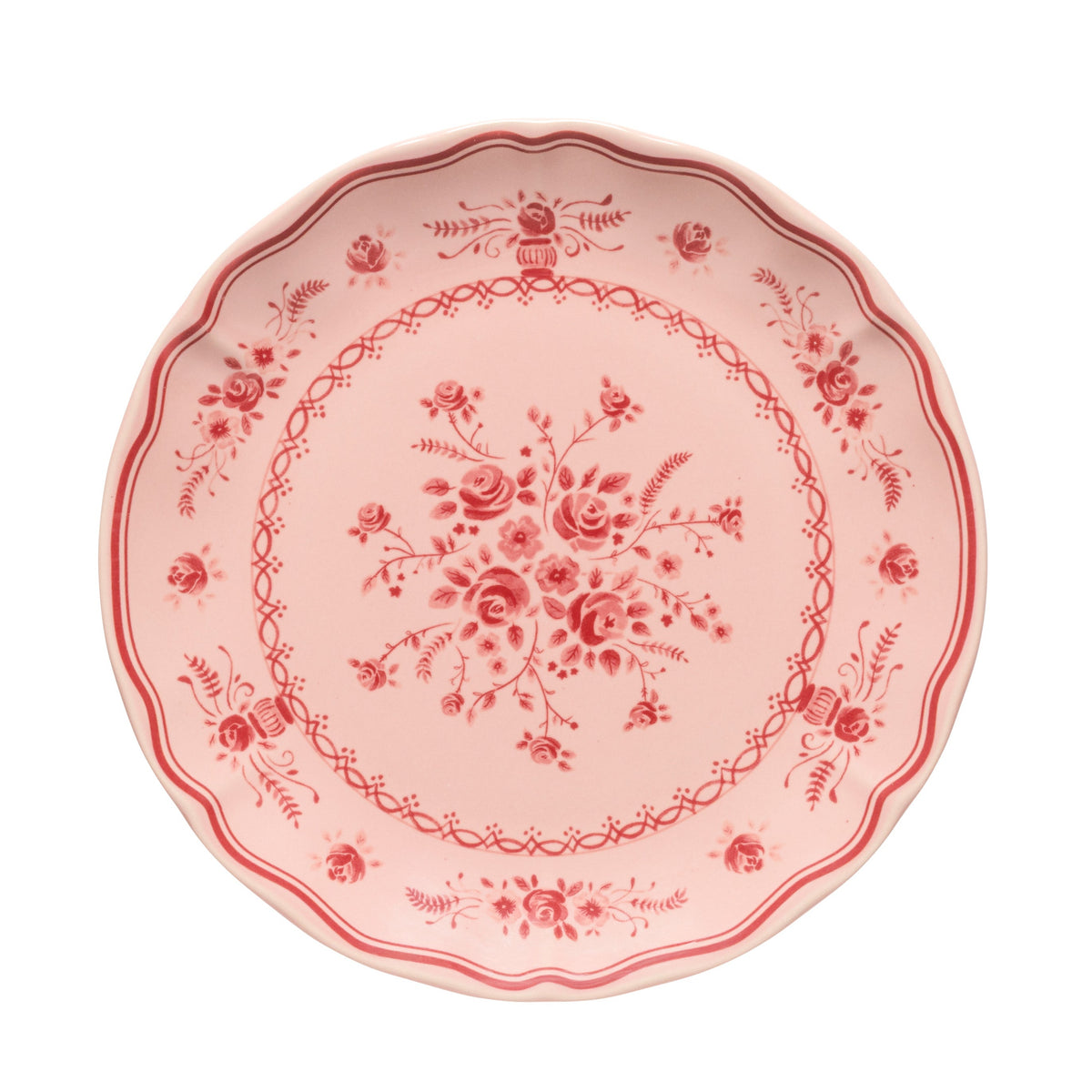Vila Pink and Red Floral Stoneware Salad and Dessert Plate — overall form and detail