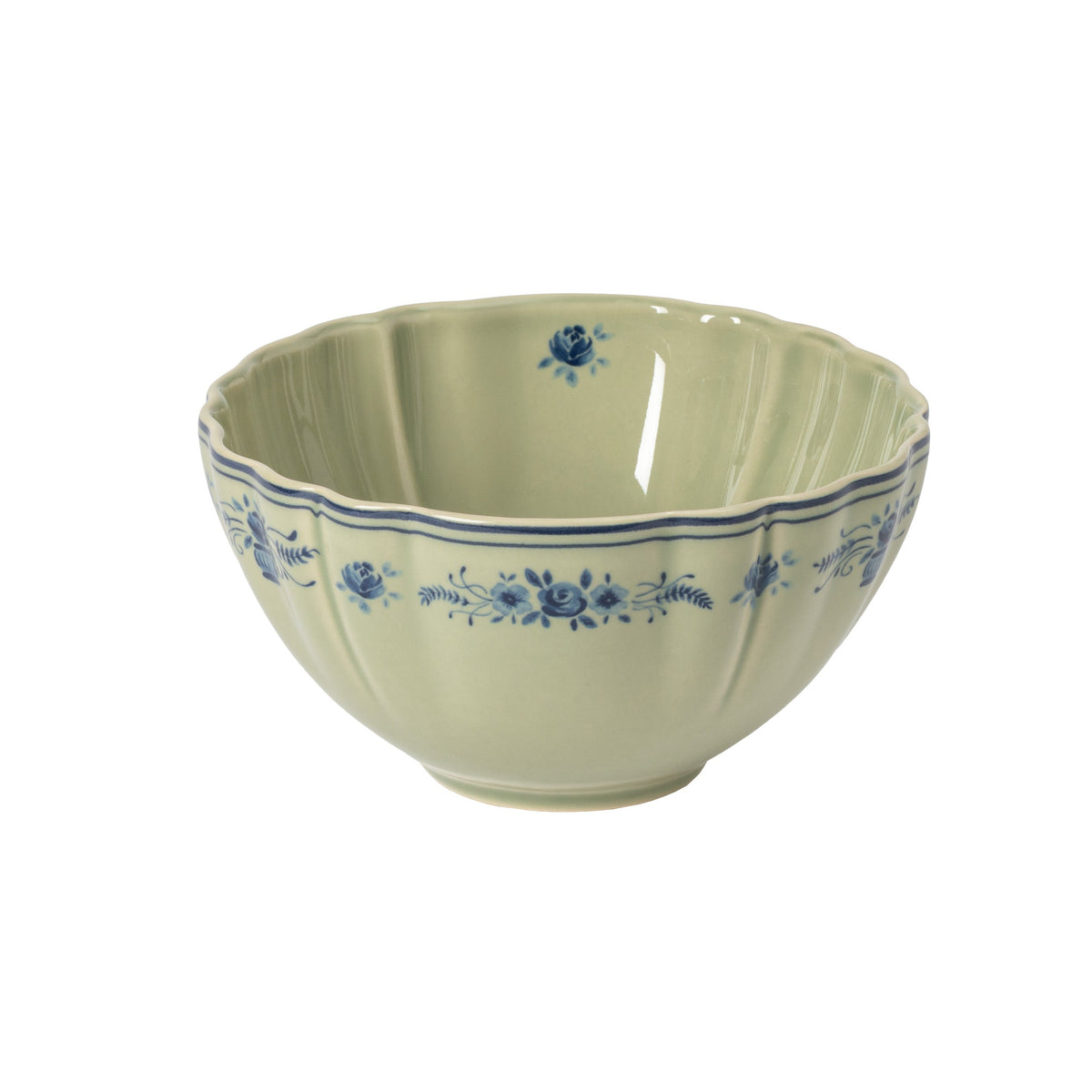Vila Olive and Blue Floral Stoneware Soup and Cereal Bowl — overall form and detail