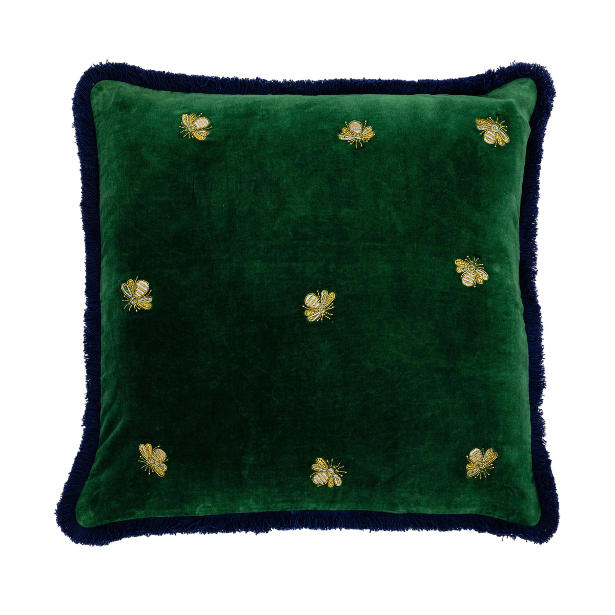 Embroidered Bee Velvet Decorative Pillow in Hunter Green by Joanna Buchanan — 20″ × 20″