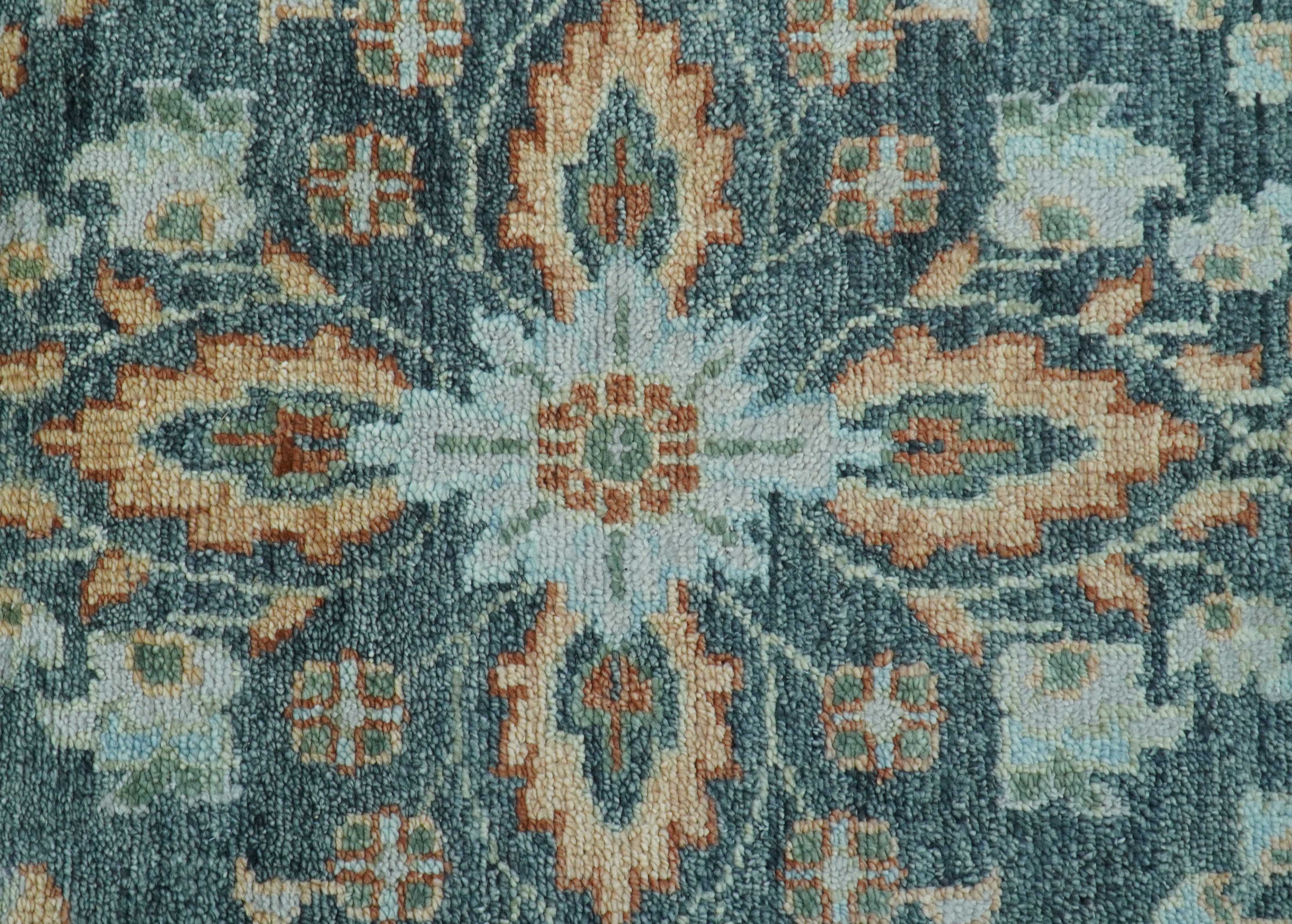 Custom Made Antique Hand Knotted Charcoal and Blue Traditional Oushak Design Wool Rug