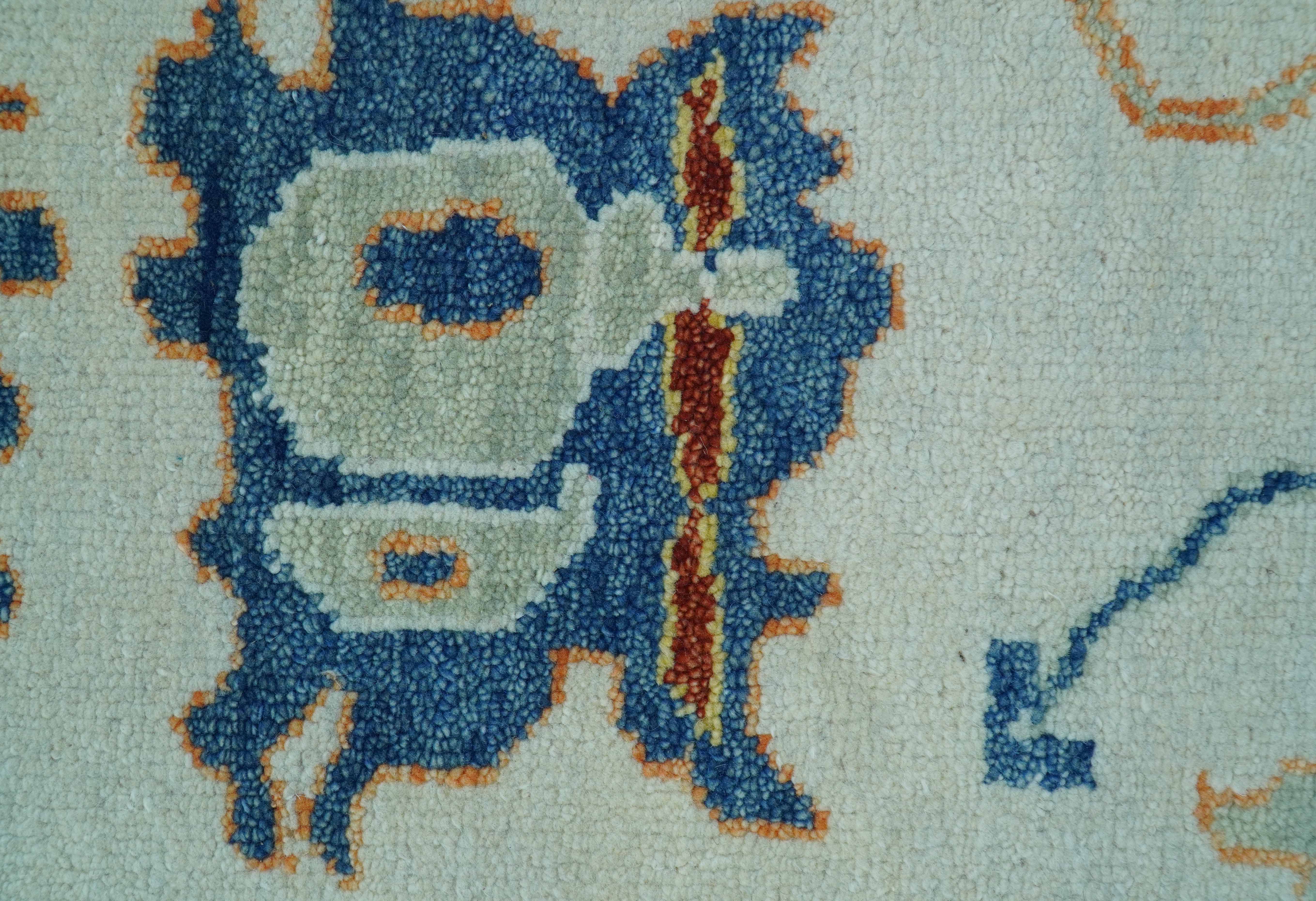 Modern Oushak Ivory And Blue Hand Knotted Wool Rug