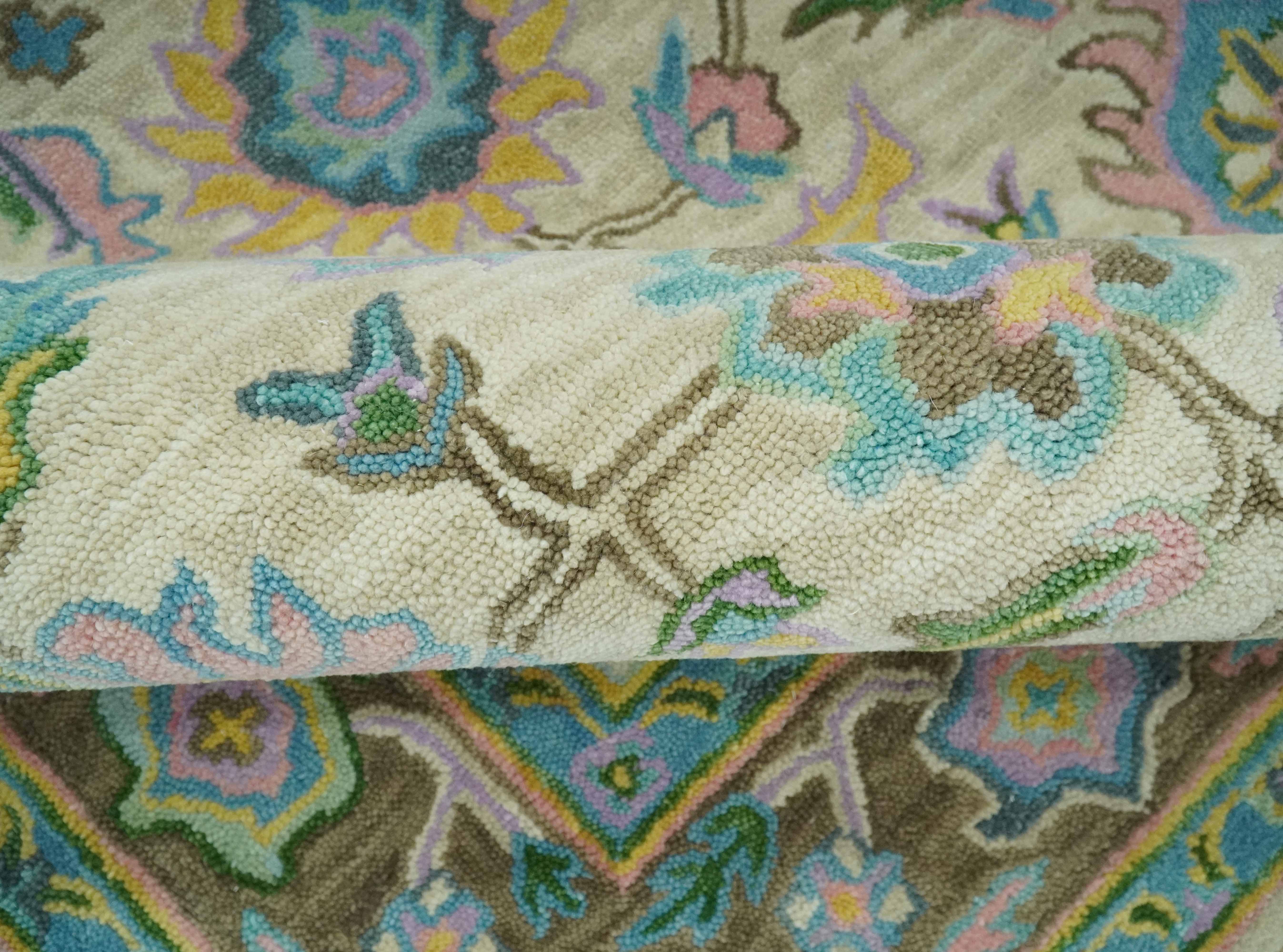 Floral Beige, Blue and Purple Traditional Hand Tufted Custom Made Wool Rug