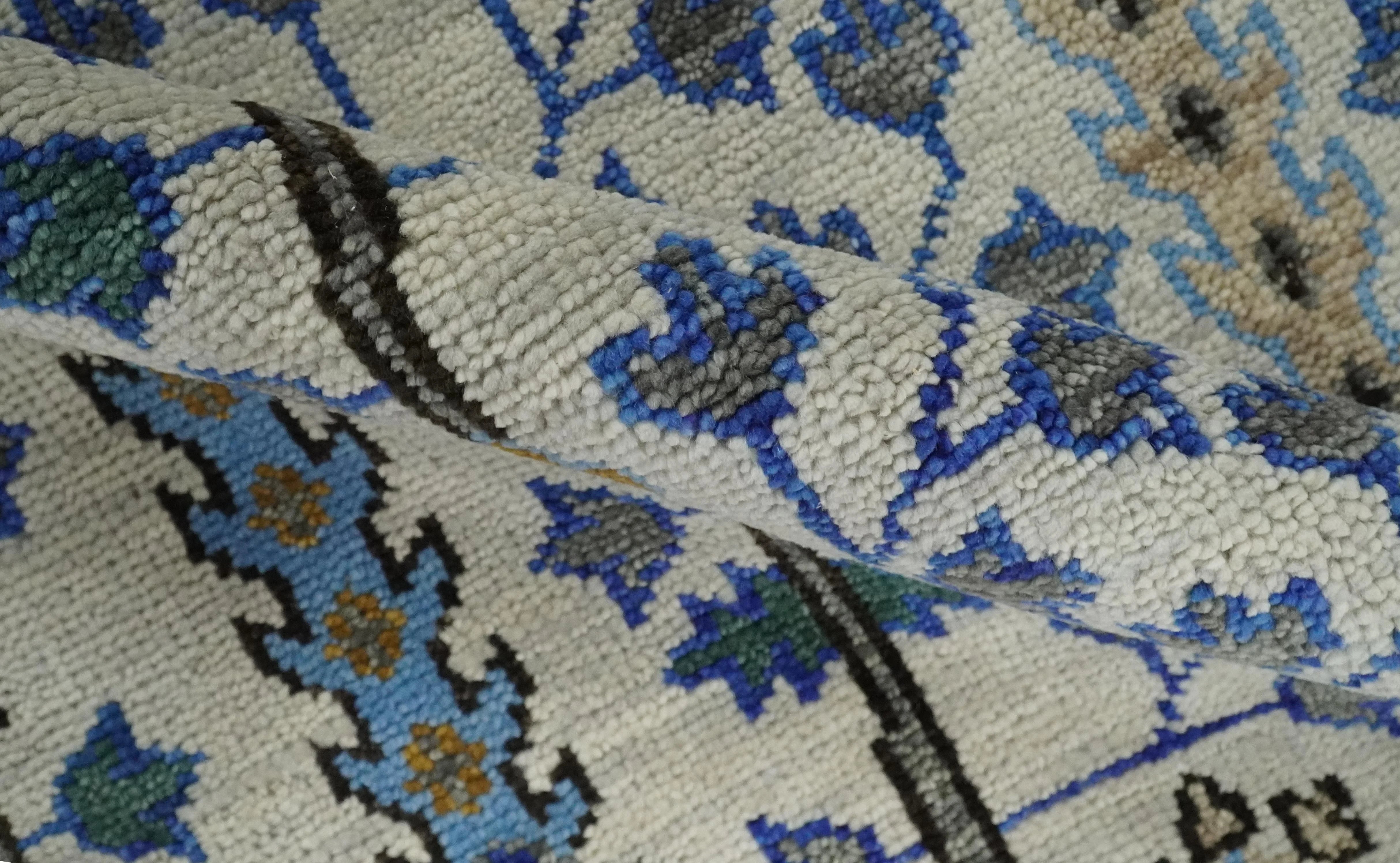Custom Made Tree of life Hand Knotted Antique Ivory, Blue and Gray Traditional Oushak Wool area Rug